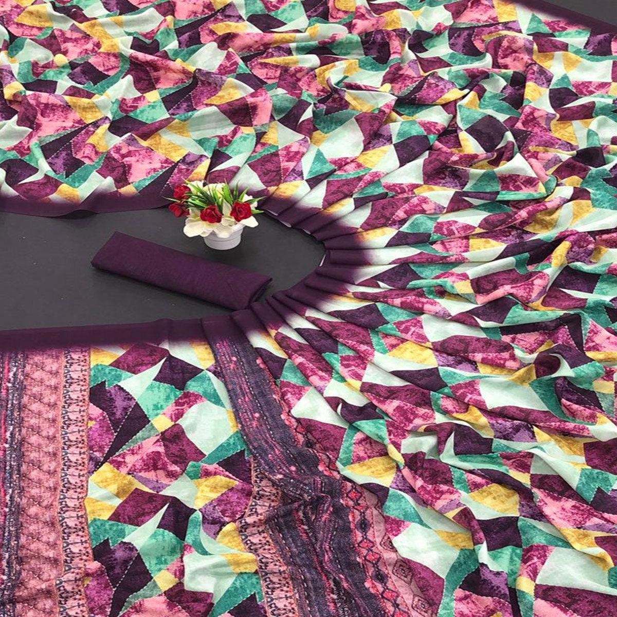 Purple Digital Printed Vichitra Silk Saree - Peachmode