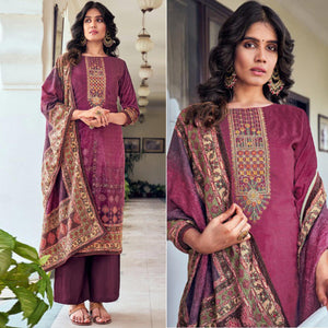 Purple Digital Printed With Embroidered Velvet Palazzo Suit - Peachmode