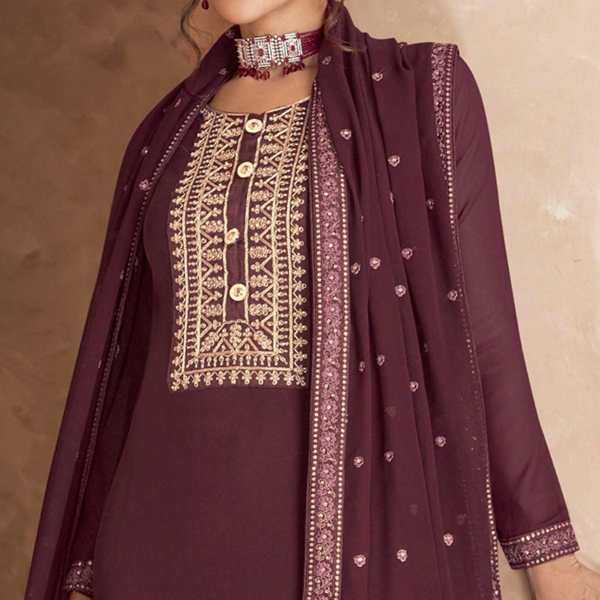 Purple Embellished Partywear Embroidered Heavy Faux Georgette Suit - Peachmode