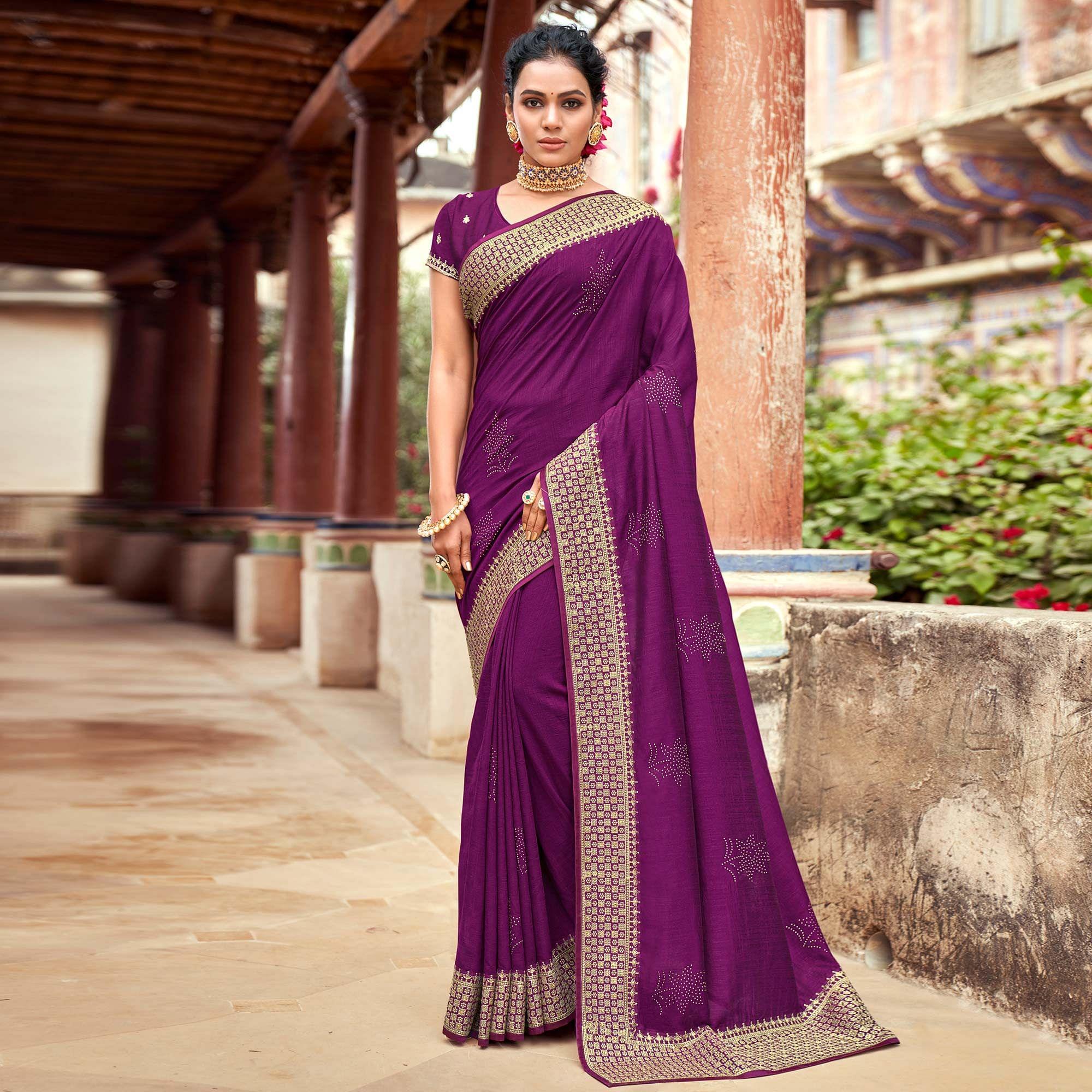 Purple Embellished Vichitra Silk Saree - Peachmode