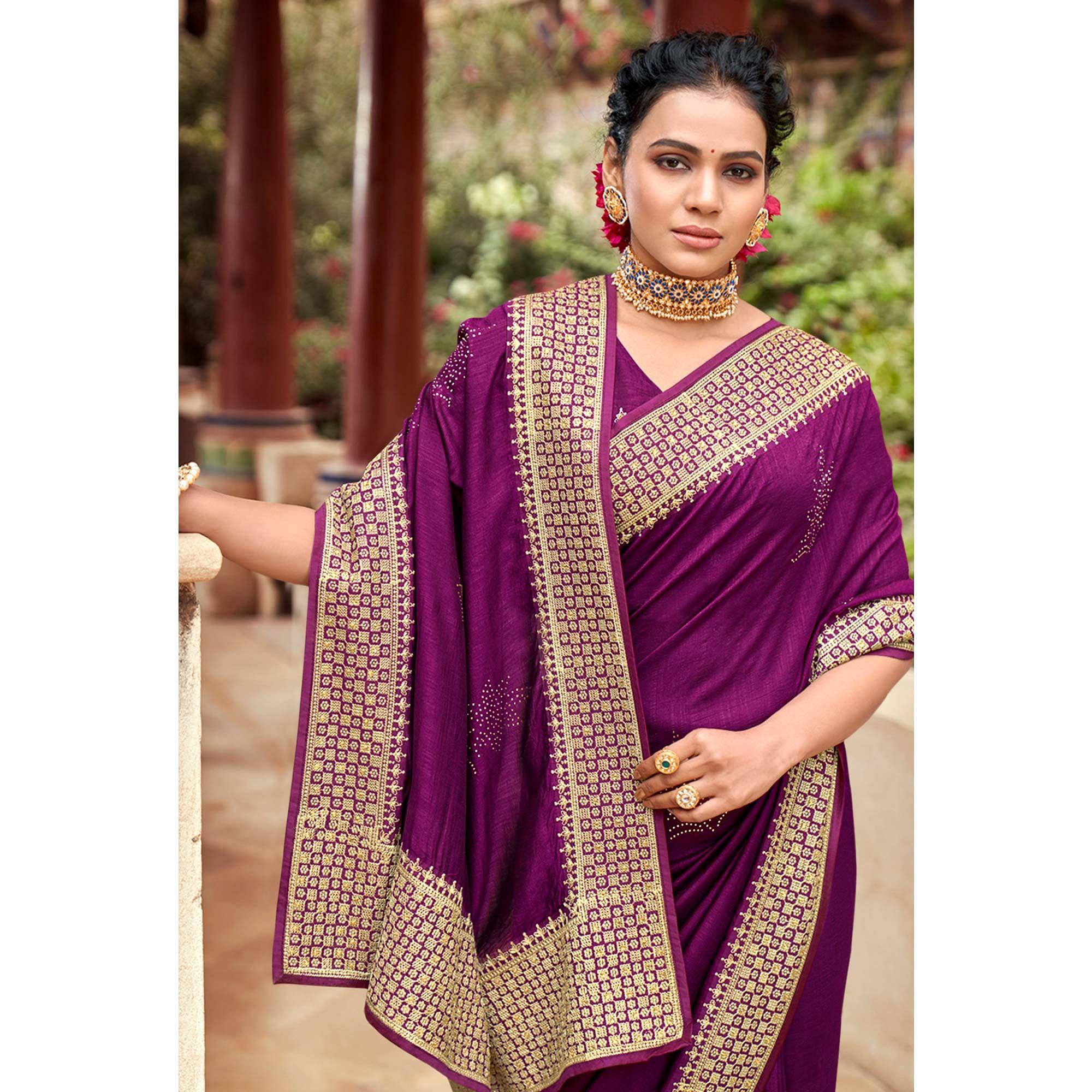 Purple Embellished Vichitra Silk Saree - Peachmode