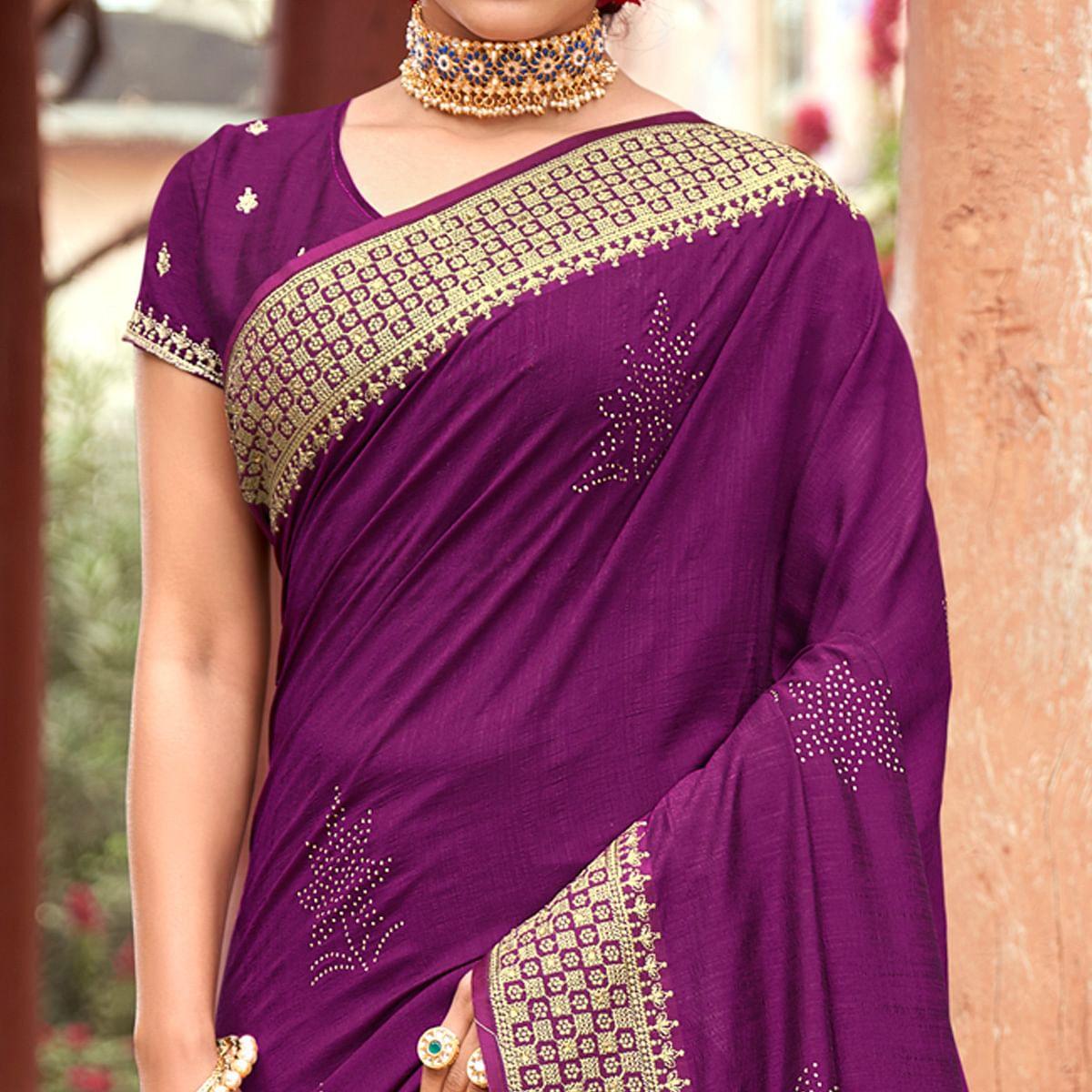 Purple Embellished Vichitra Silk Saree - Peachmode