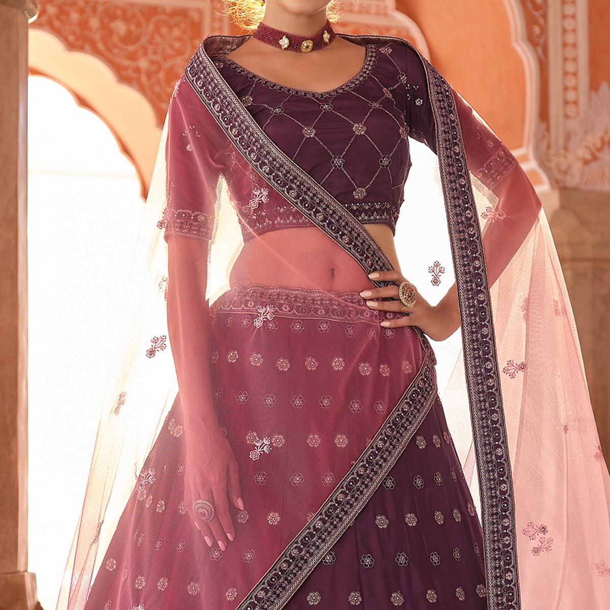 Purple Embellished With Embroidered Art Silk Lehenga Choli - Peachmode