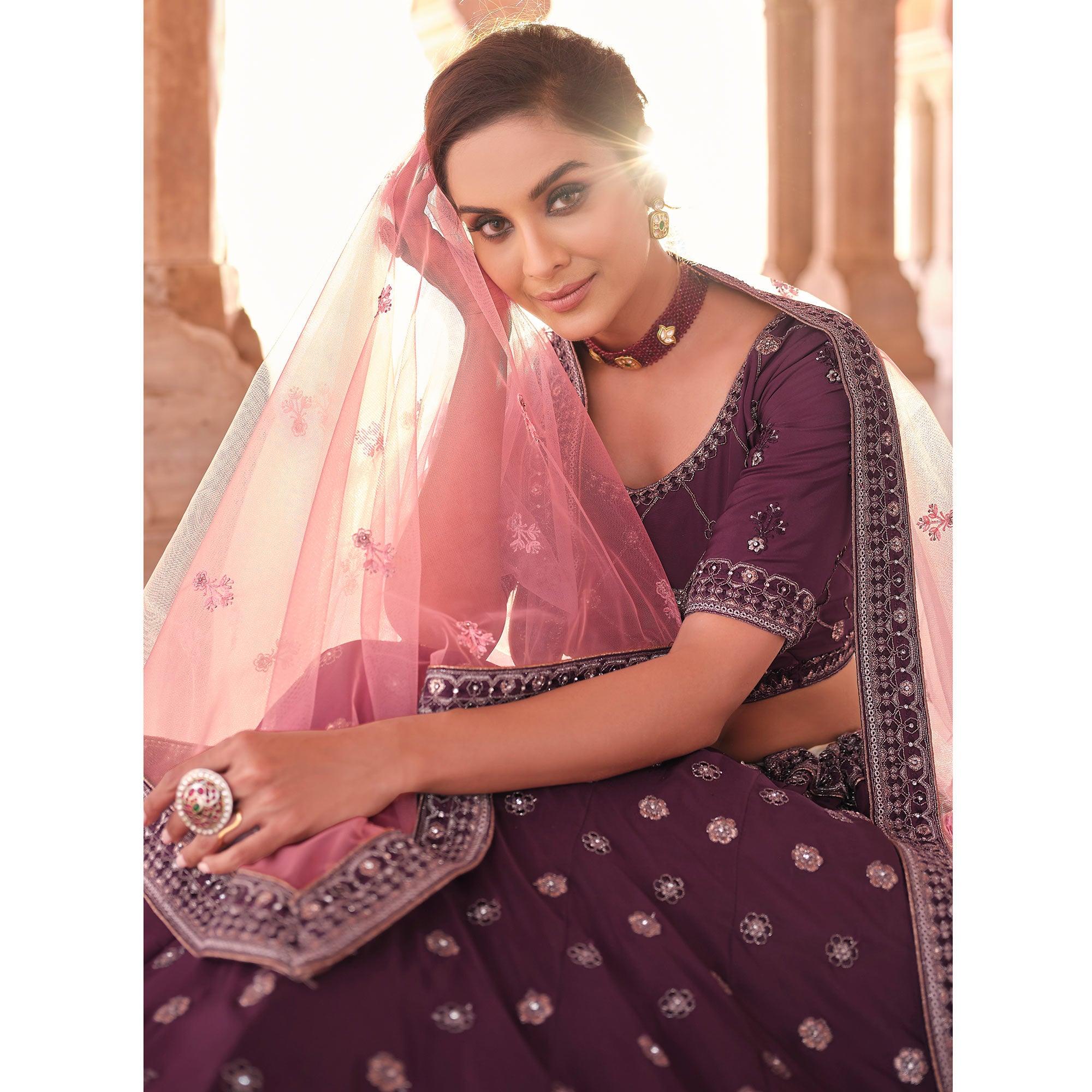 Purple Embellished With Embroidered Art Silk Lehenga Choli - Peachmode