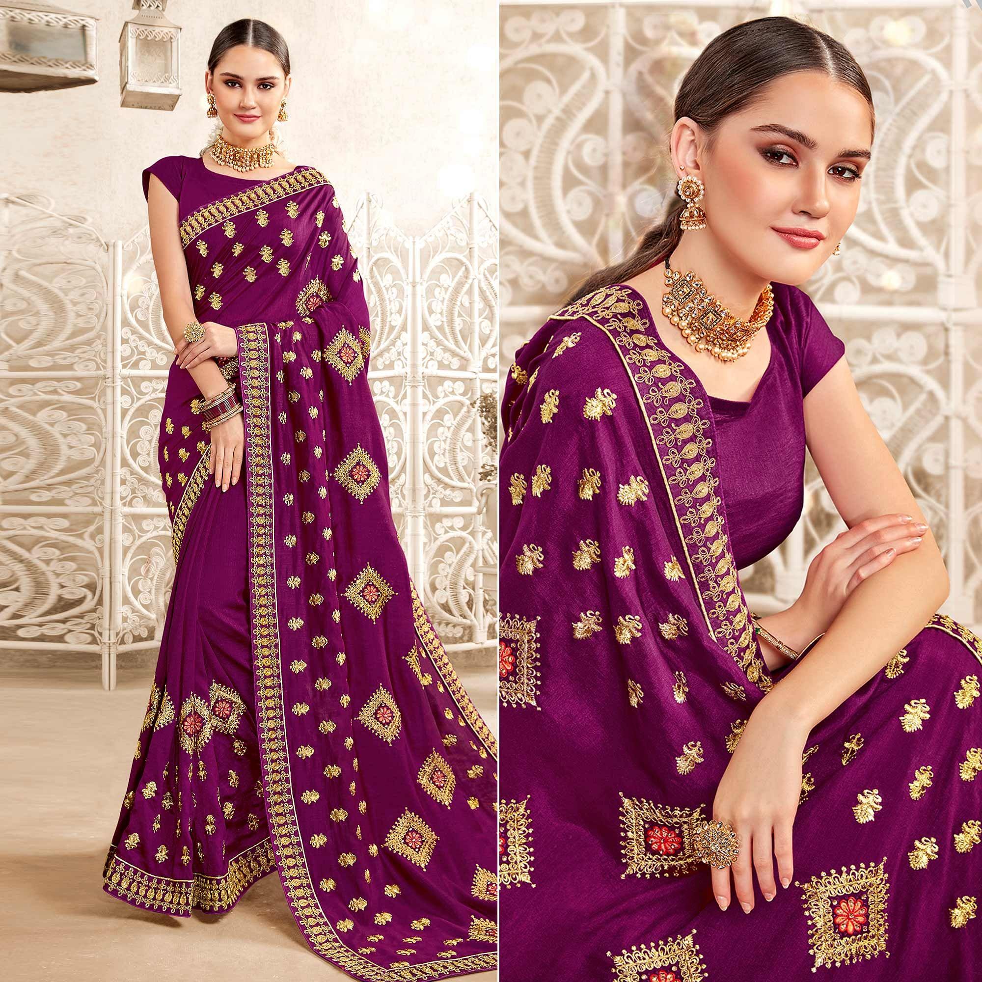 Purple Embellished With Embroidered Art Silk Saree - Peachmode
