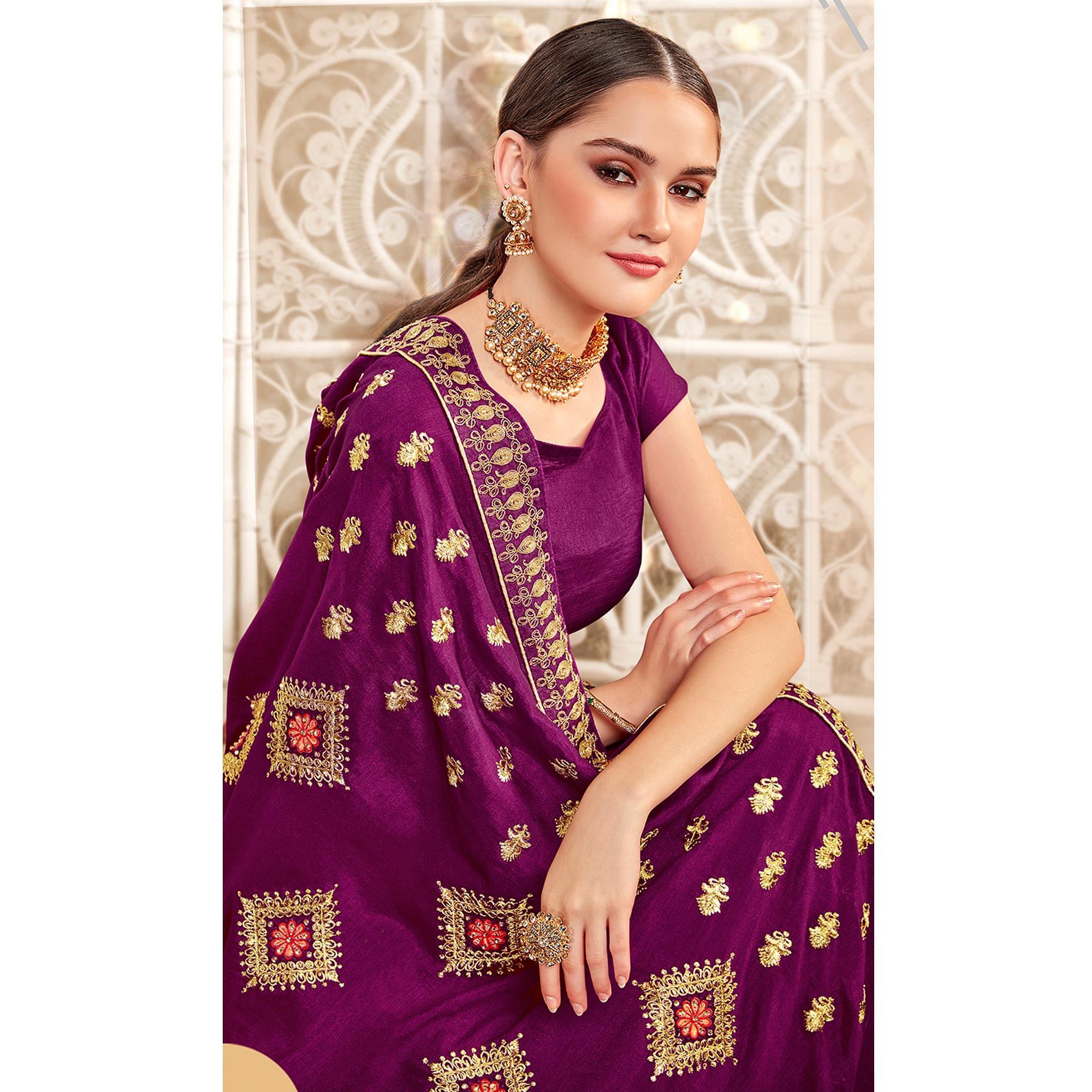 Purple Embellished With Embroidered Art Silk Saree - Peachmode