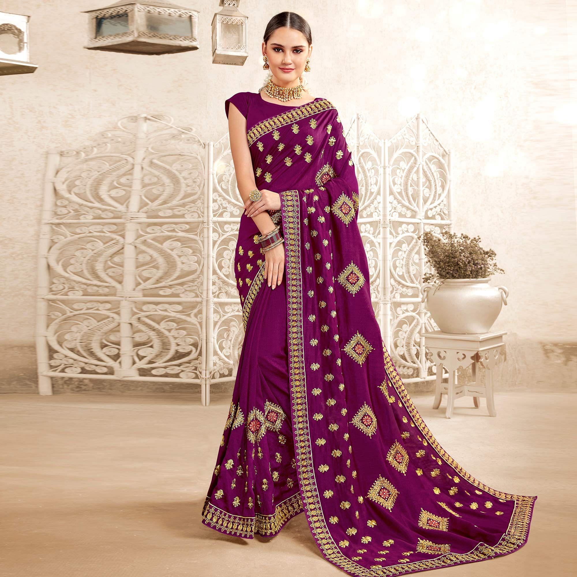 Purple Embellished With Embroidered Art Silk Saree - Peachmode