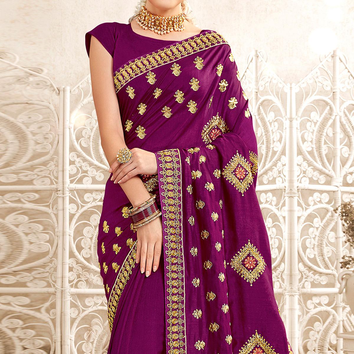 Purple Embellished With Embroidered Art Silk Saree - Peachmode