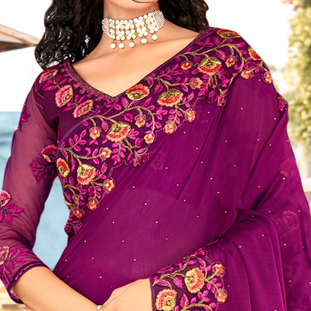 Purple Embellished With Embroidered Chiffon Saree - Peachmode