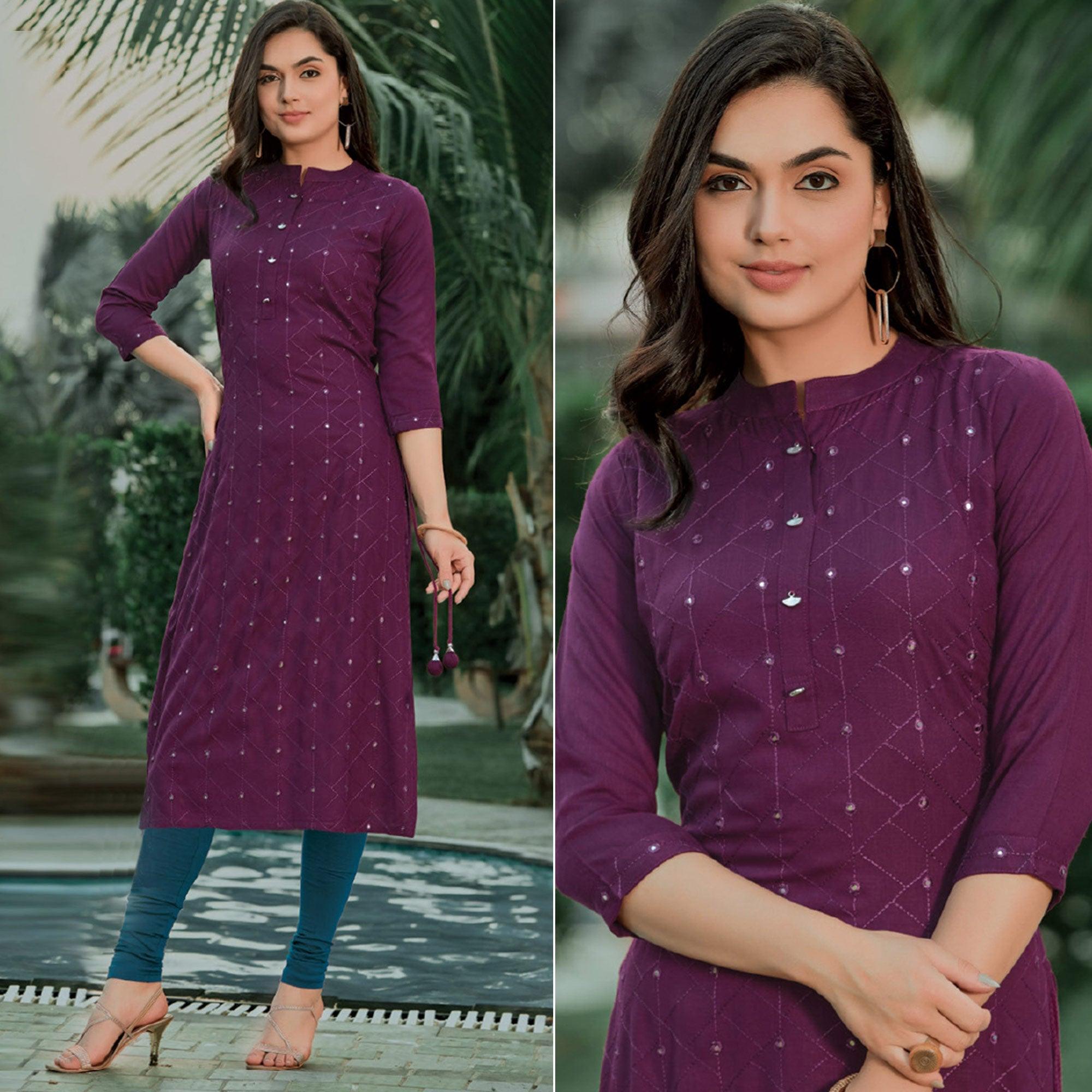 Purple Embellished With Embroidered Cotton Kurti - Peachmode