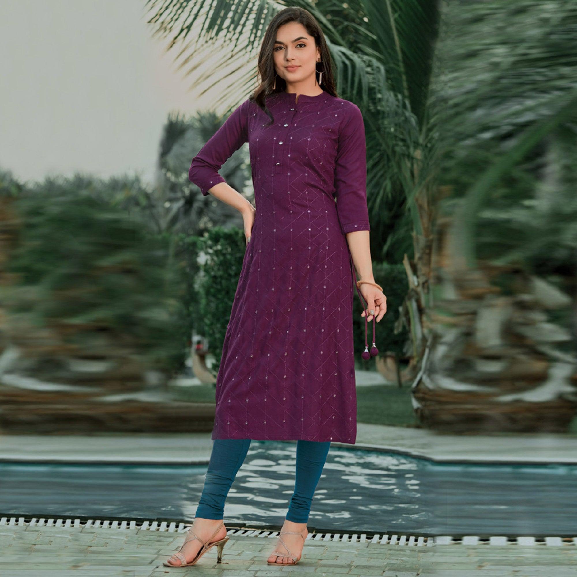 Purple Embellished With Embroidered Cotton Kurti - Peachmode