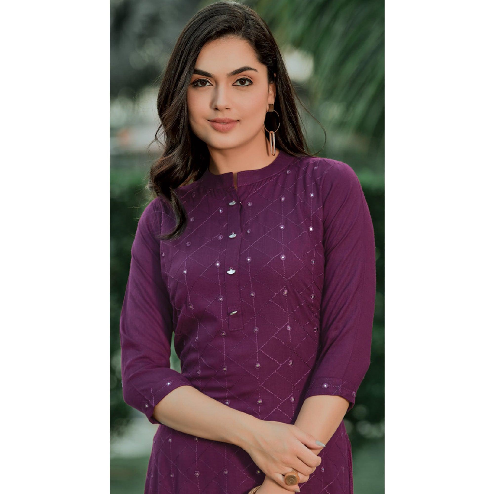 Purple Embellished With Embroidered Cotton Kurti - Peachmode