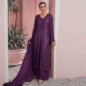 Purple Embellished With Embroidered Georgette Palazzo Suit - Peachmode