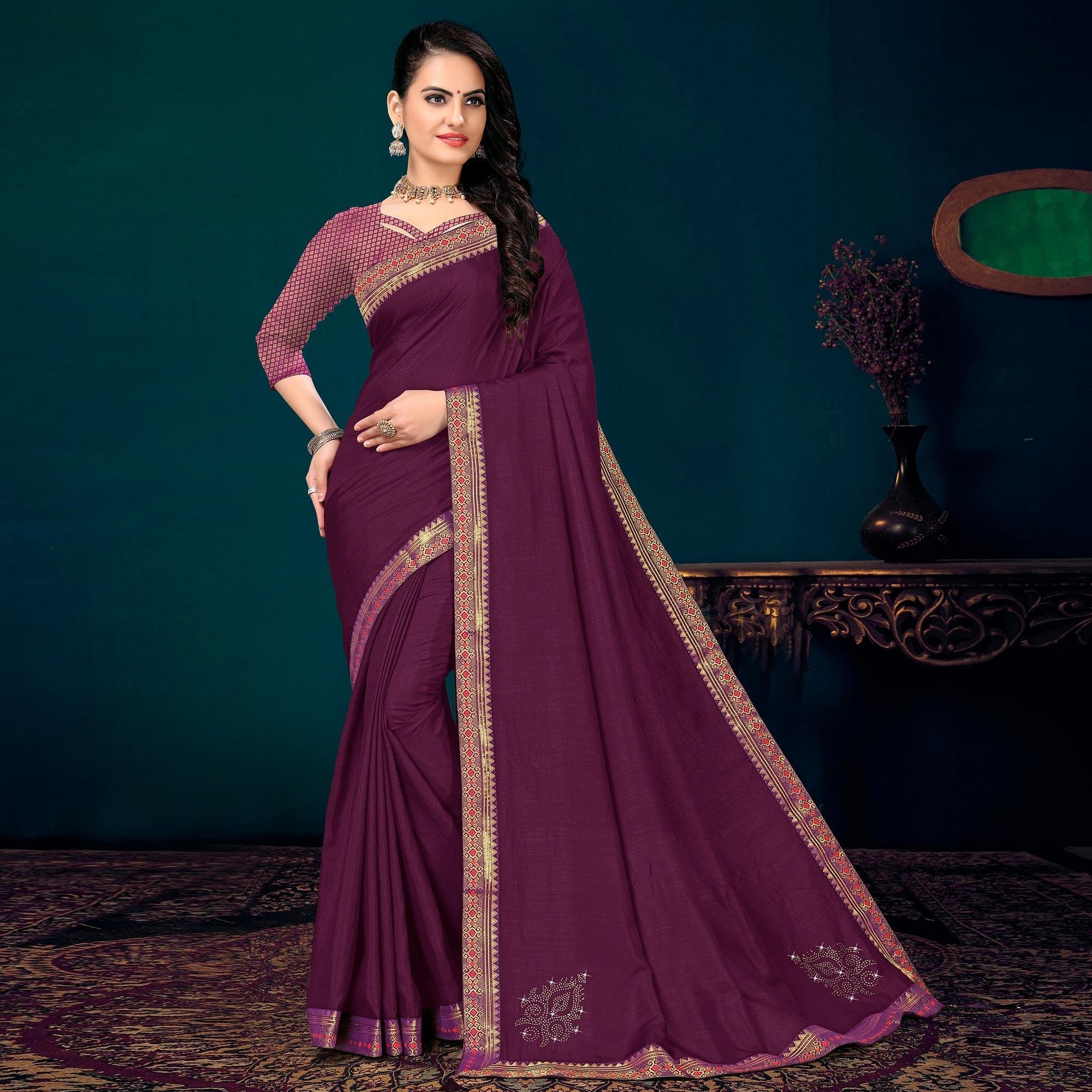 Purple Embellished With Embroidered Vichitra Silk Saree - Peachmode