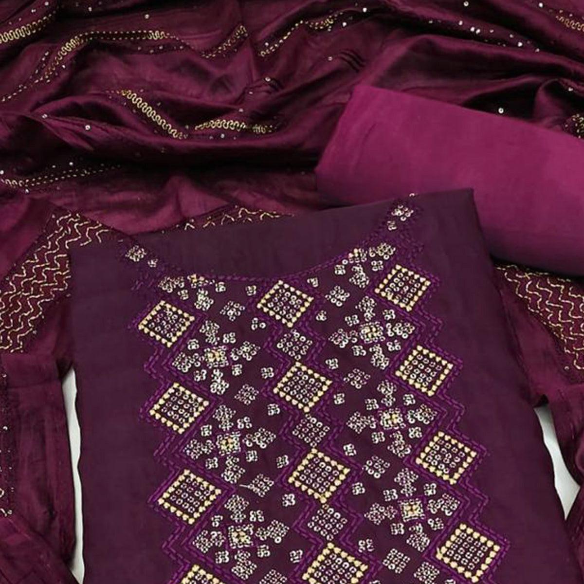 Purple Embroidered Art Silk Dress Material - Peachmode