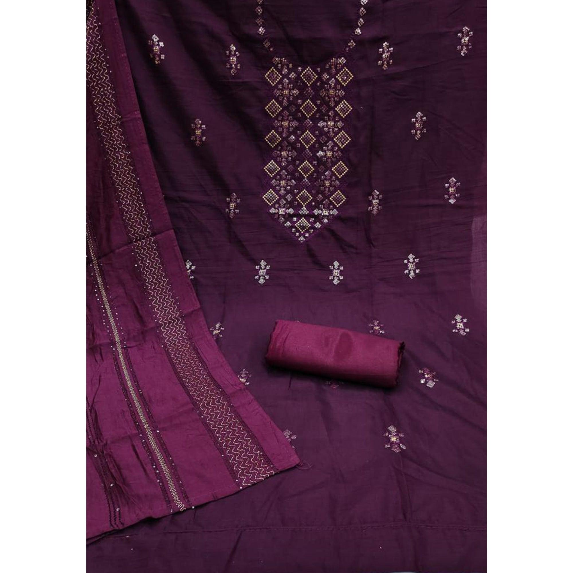 Purple Embroidered Art Silk Dress Material - Peachmode