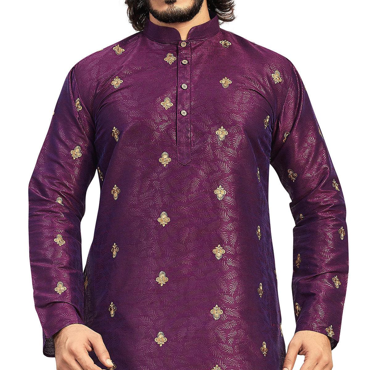 Purple Embroidered Art Silk Men's Kurta Pyjama Set - Peachmode