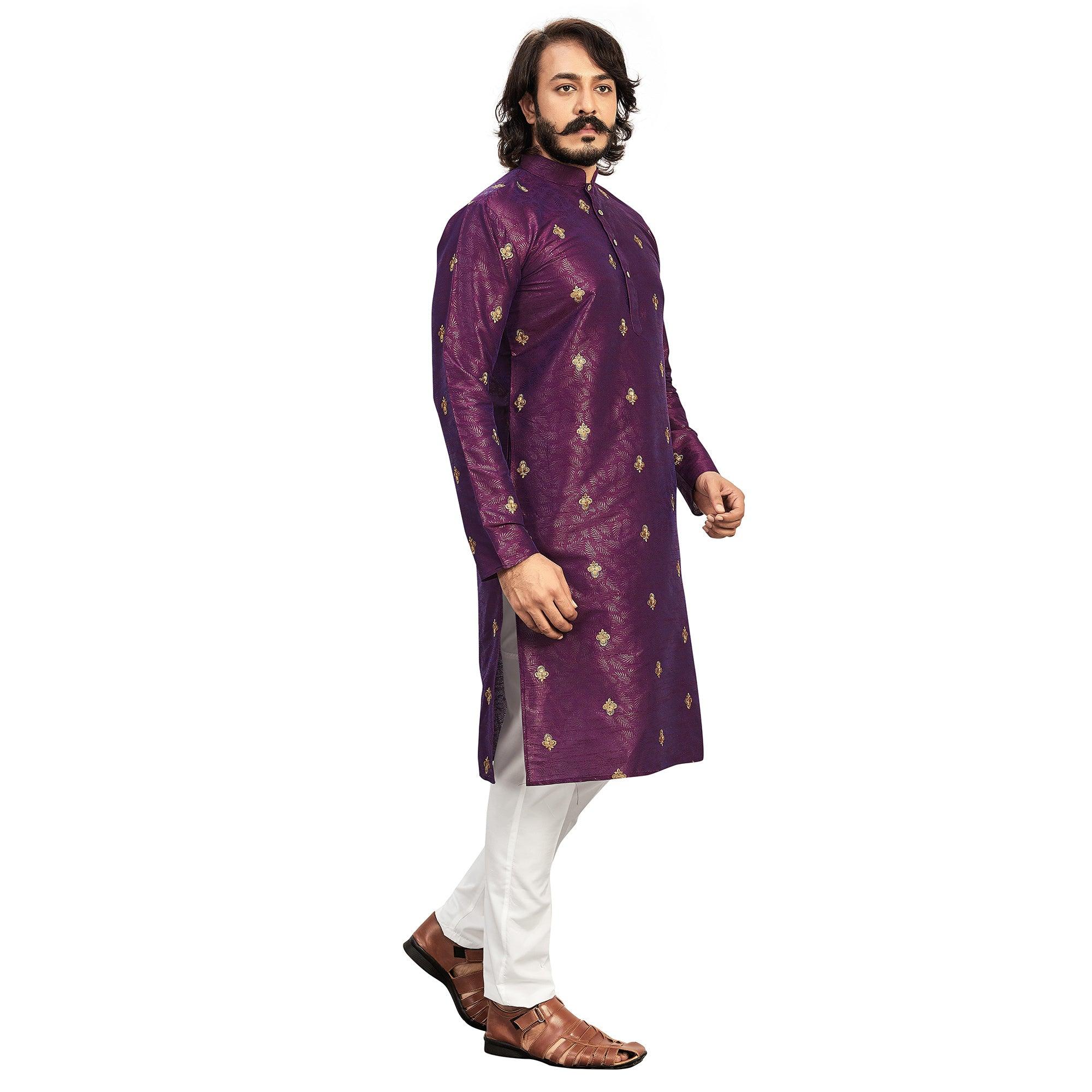 Purple Embroidered Art Silk Men's Kurta Pyjama Set - Peachmode
