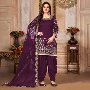 Purple Embroidered Art Silk Patiala Suit - Peachmode