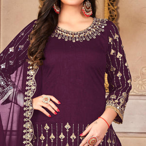 Purple Embroidered Art Silk Patiala Suit - Peachmode