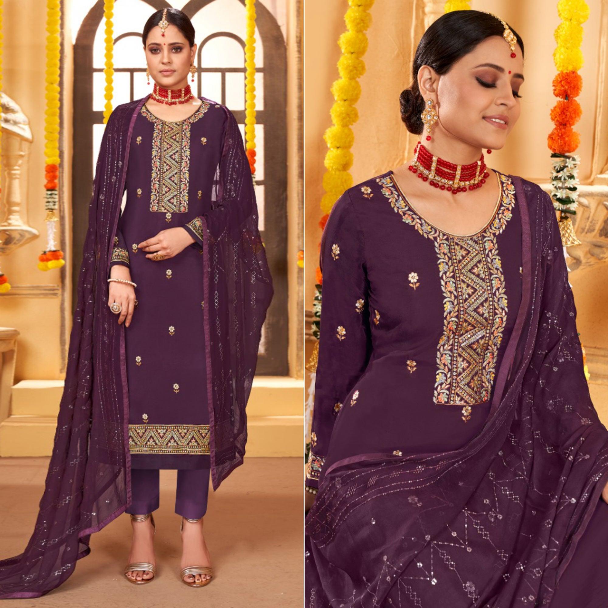Purple Embroidered Art Silk Salwar Suit - Peachmode