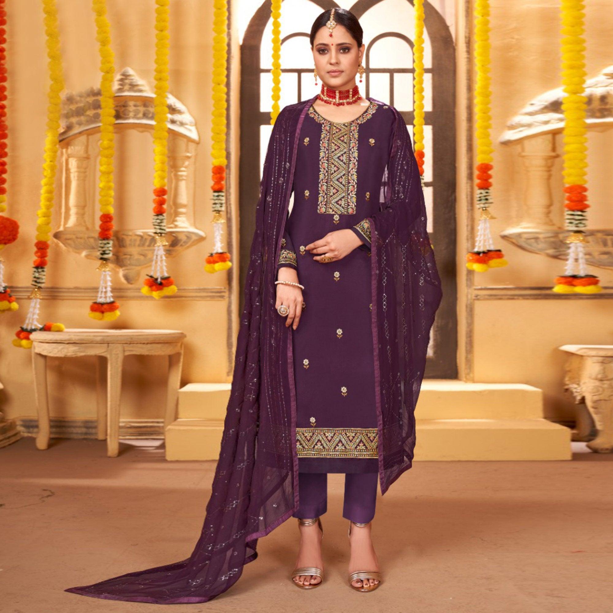 Purple Embroidered Art Silk Salwar Suit - Peachmode