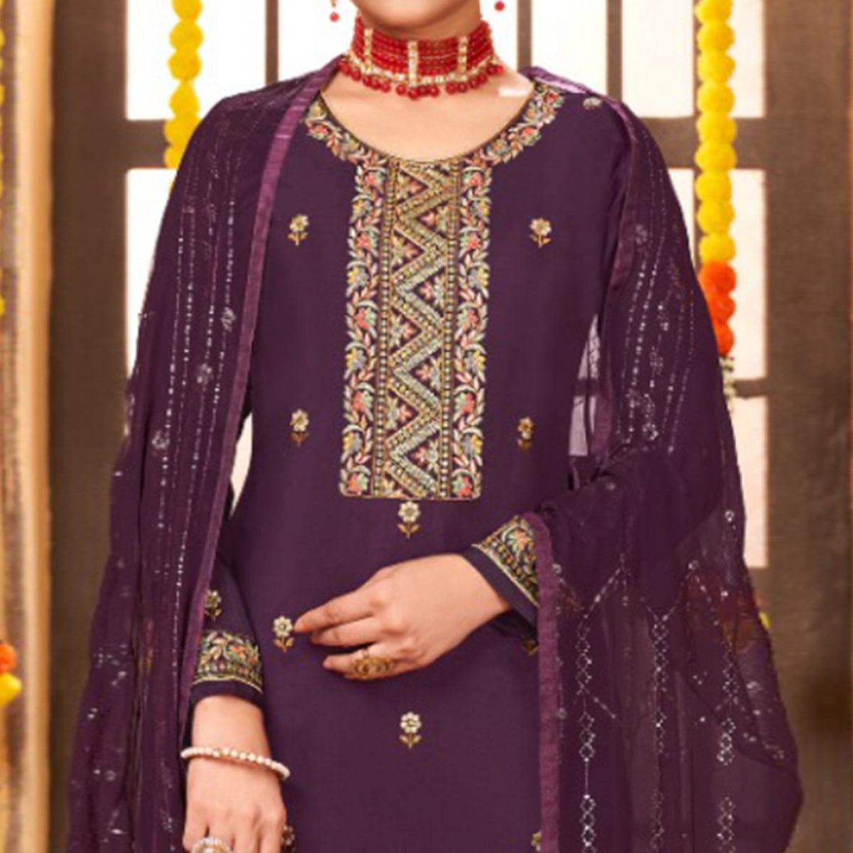 Purple Embroidered Art Silk Salwar Suit - Peachmode