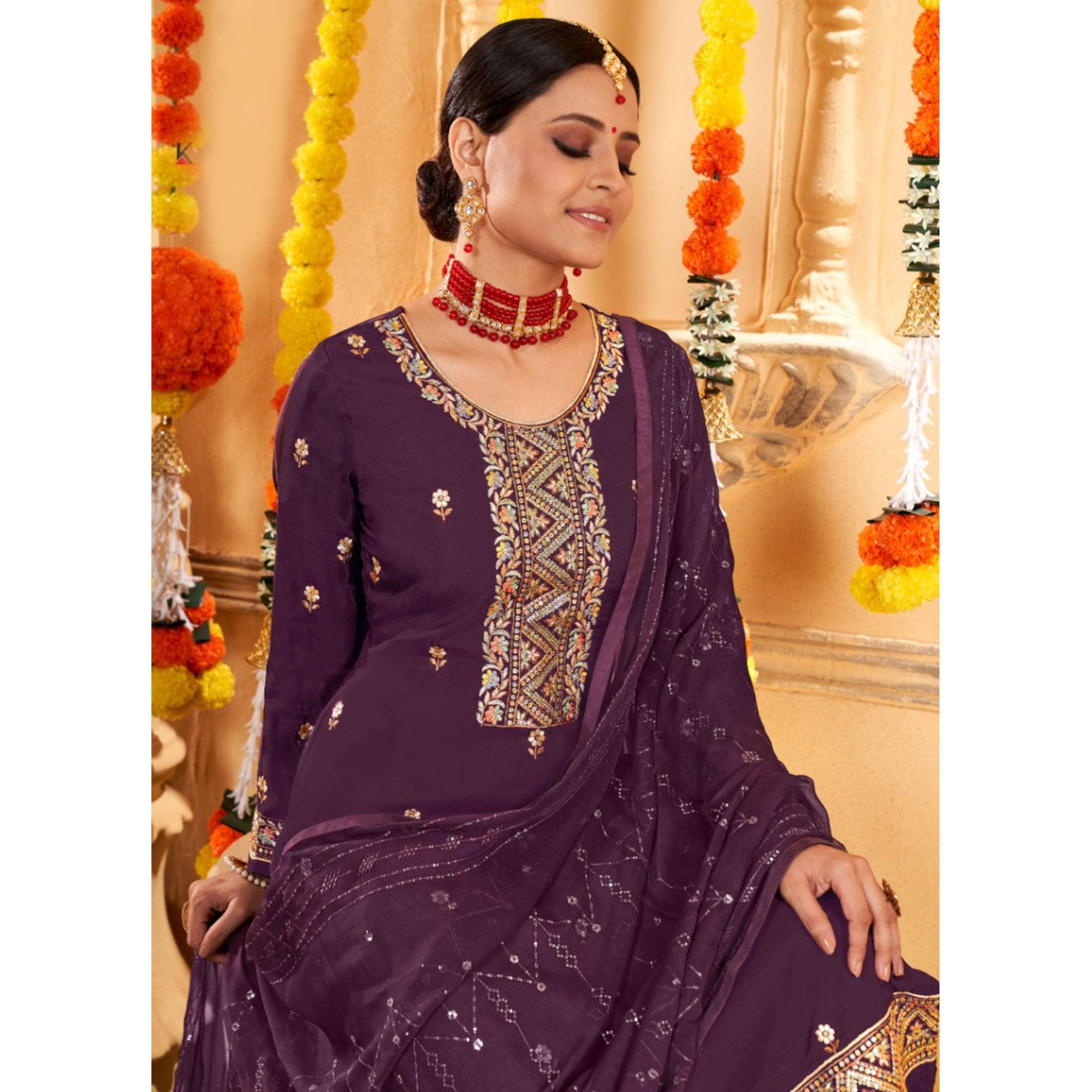 Purple Embroidered Art Silk Salwar Suit - Peachmode