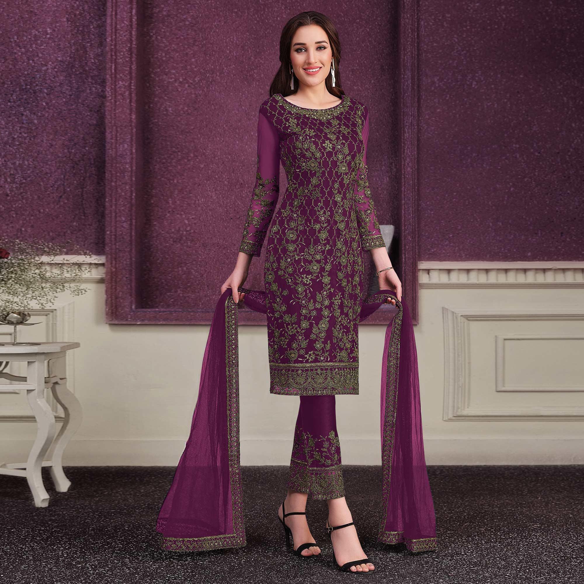 Purple Embroidered Butterfly Net Partywear Suit - Peachmode