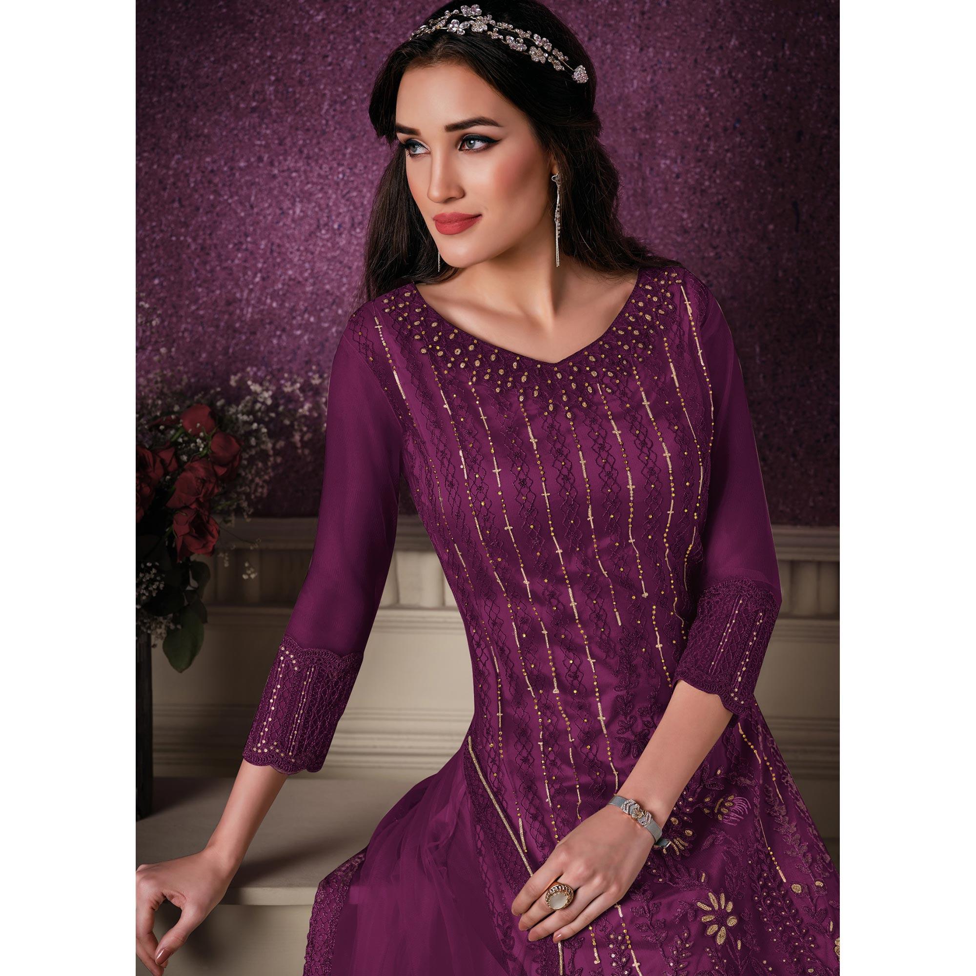 Purple Embroidered Butterfly Net Partywear Suit - Peachmode