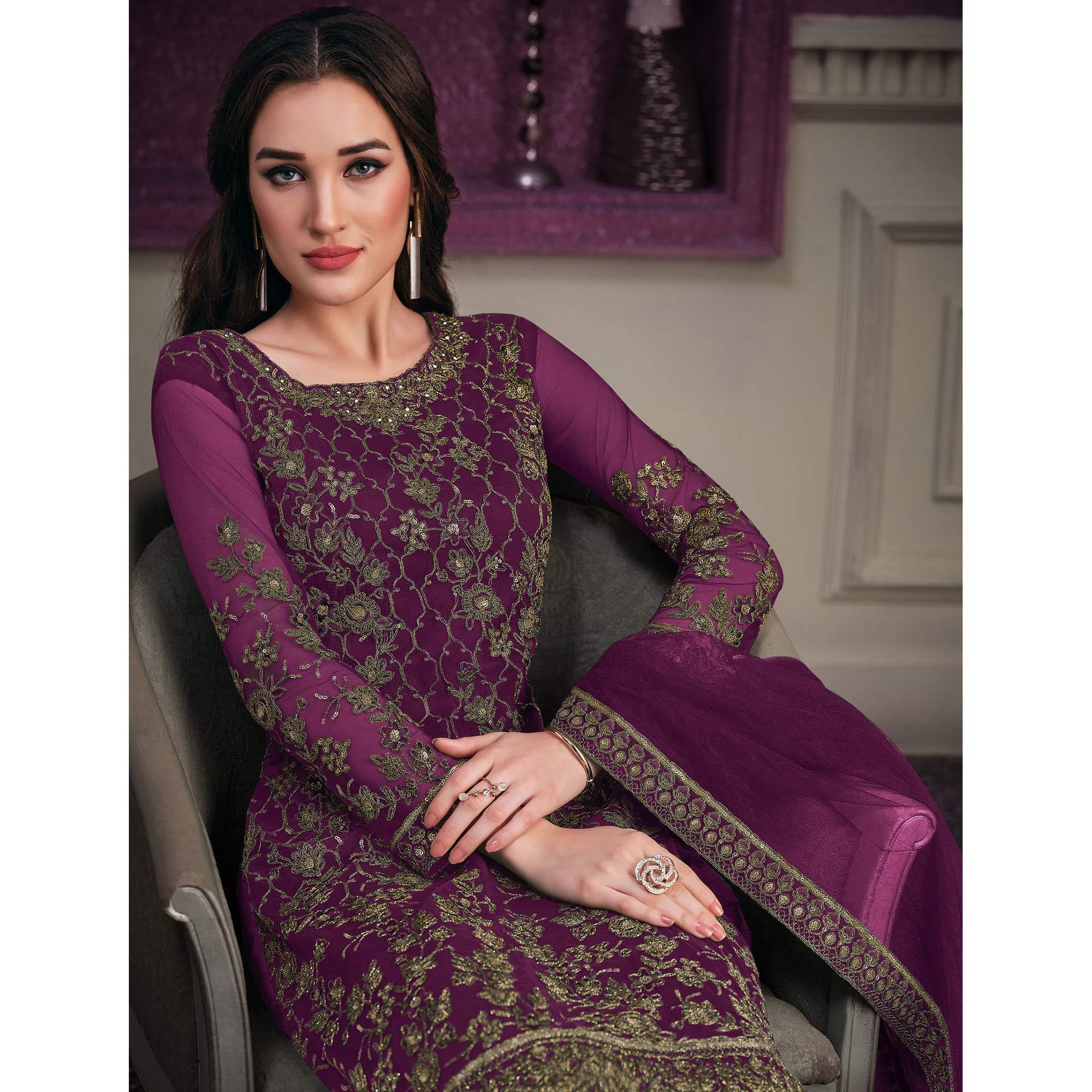 Purple Embroidered Butterfly Net Partywear Suit - Peachmode