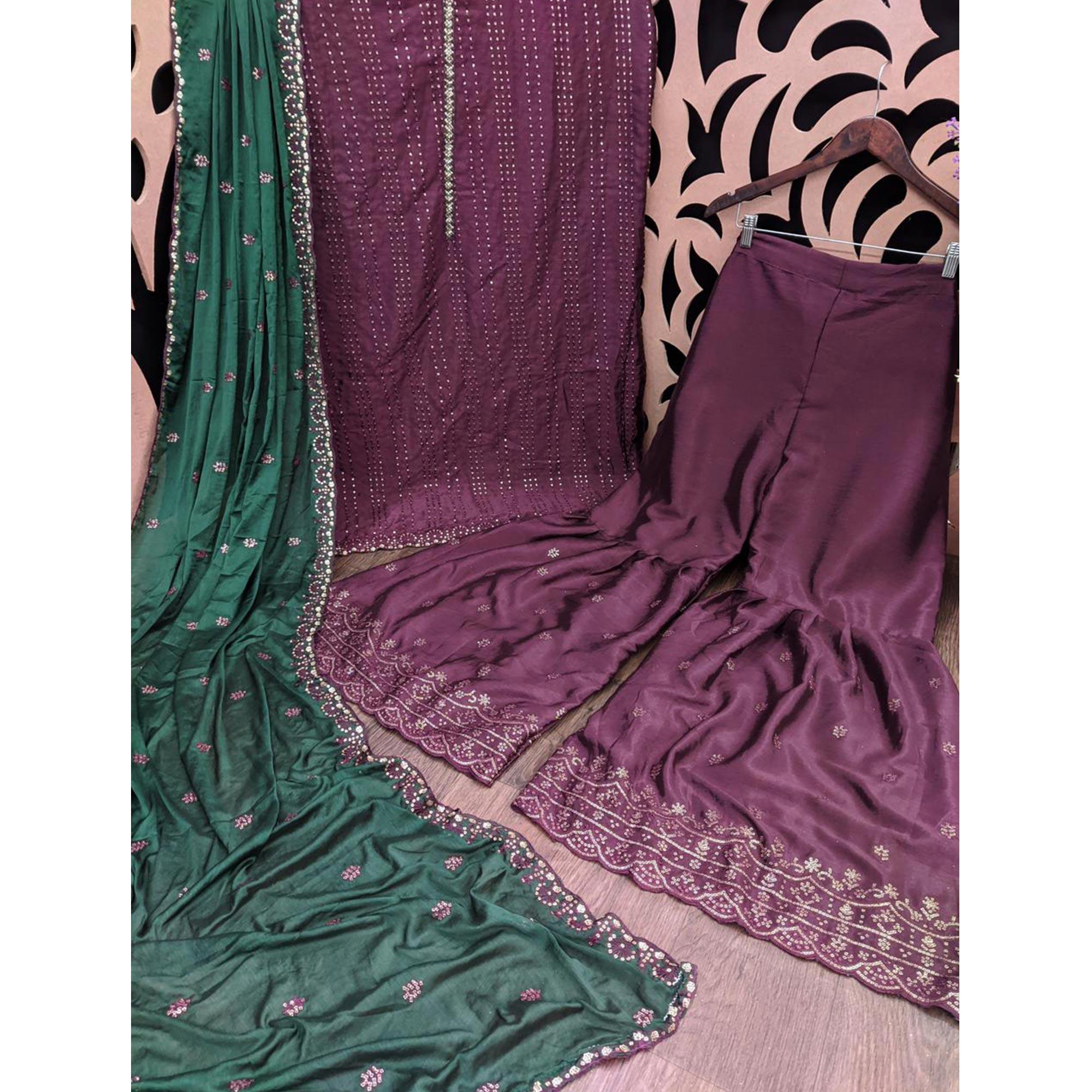 Purple Embroidered Chiffon Palazzo Suit - Peachmode