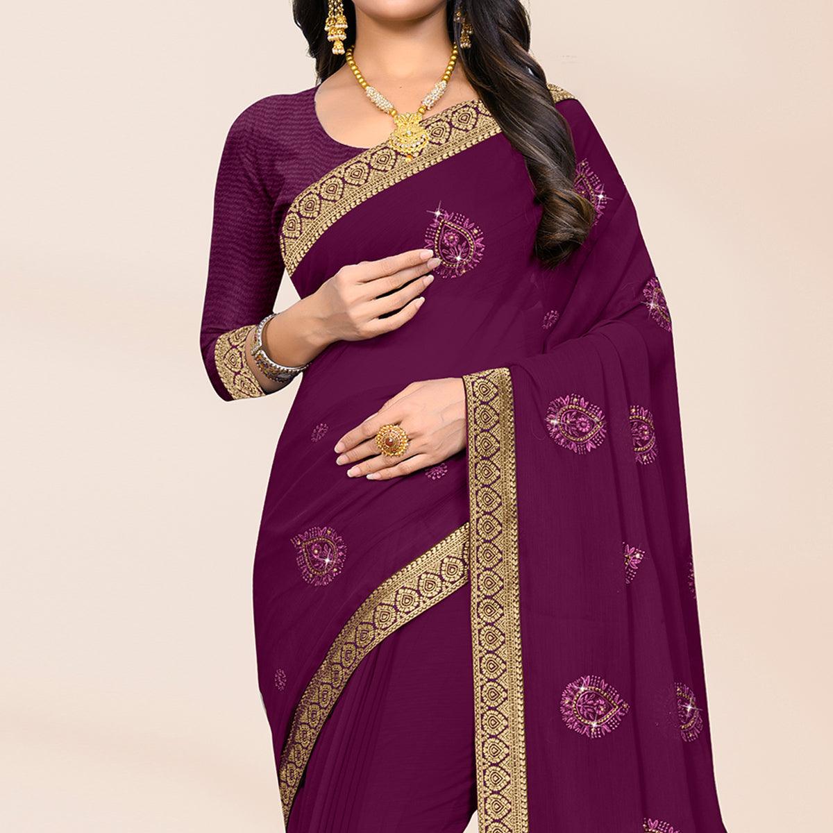 Purple Embroidered Chiffon Saree - Peachmode