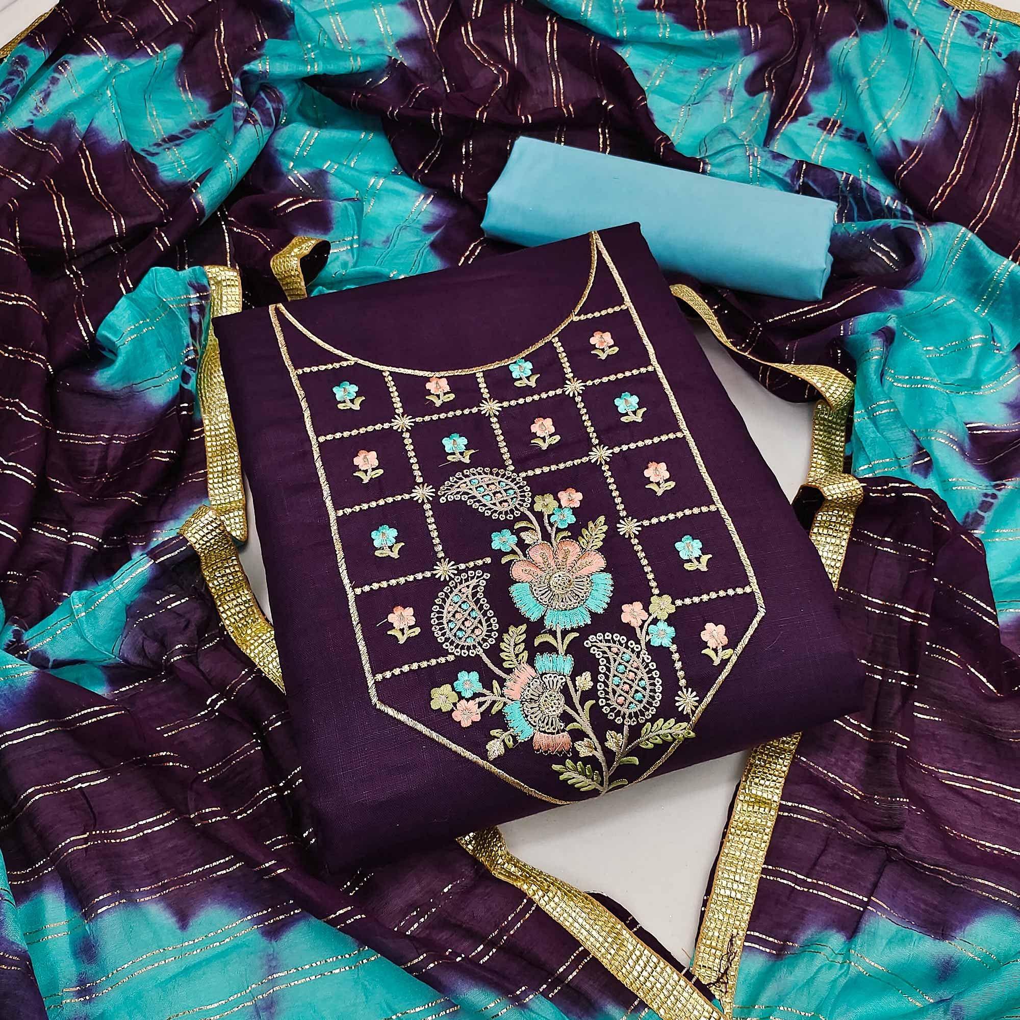 Purple Embroidered Cotton Dress Material - Peachmode