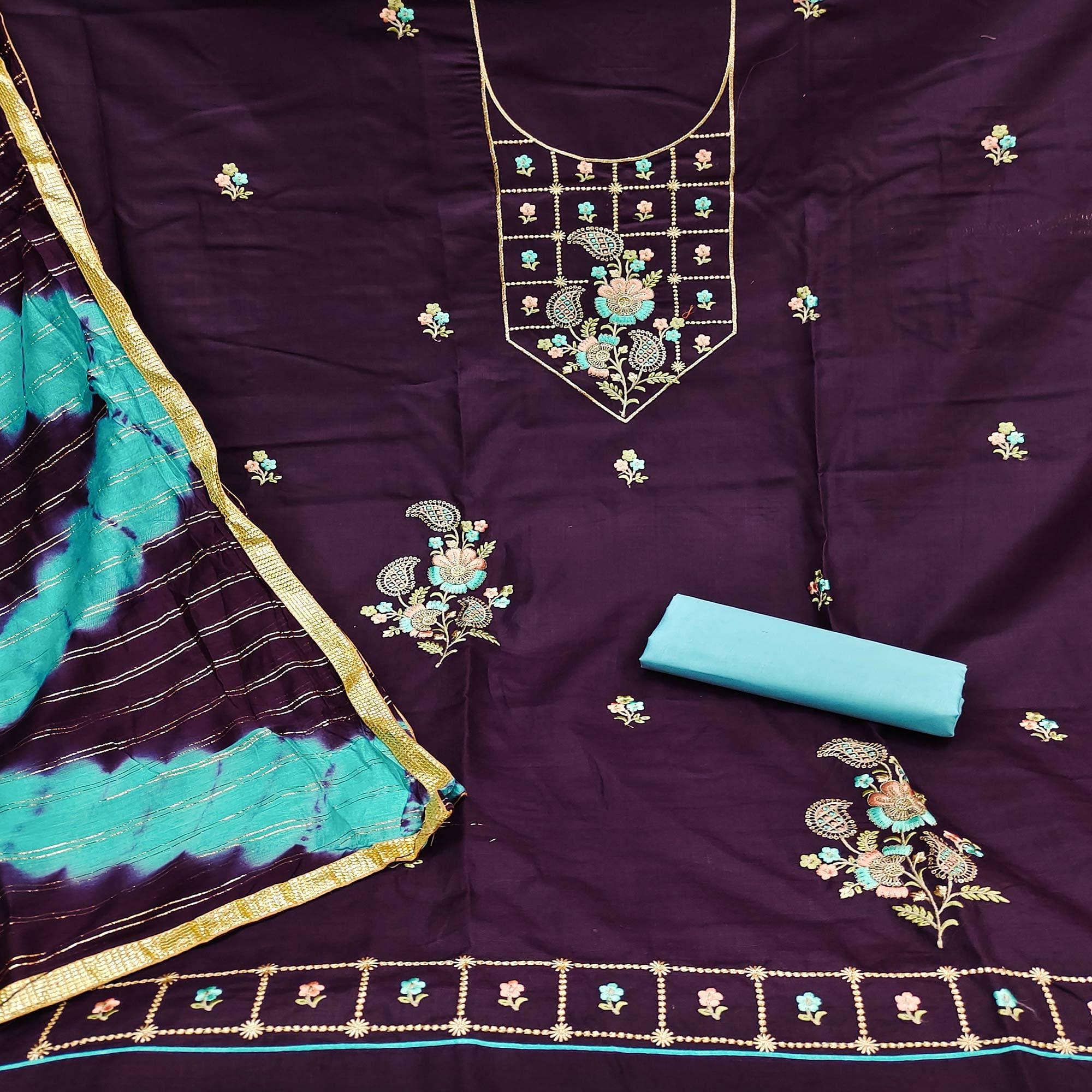 Purple Embroidered Cotton Dress Material - Peachmode