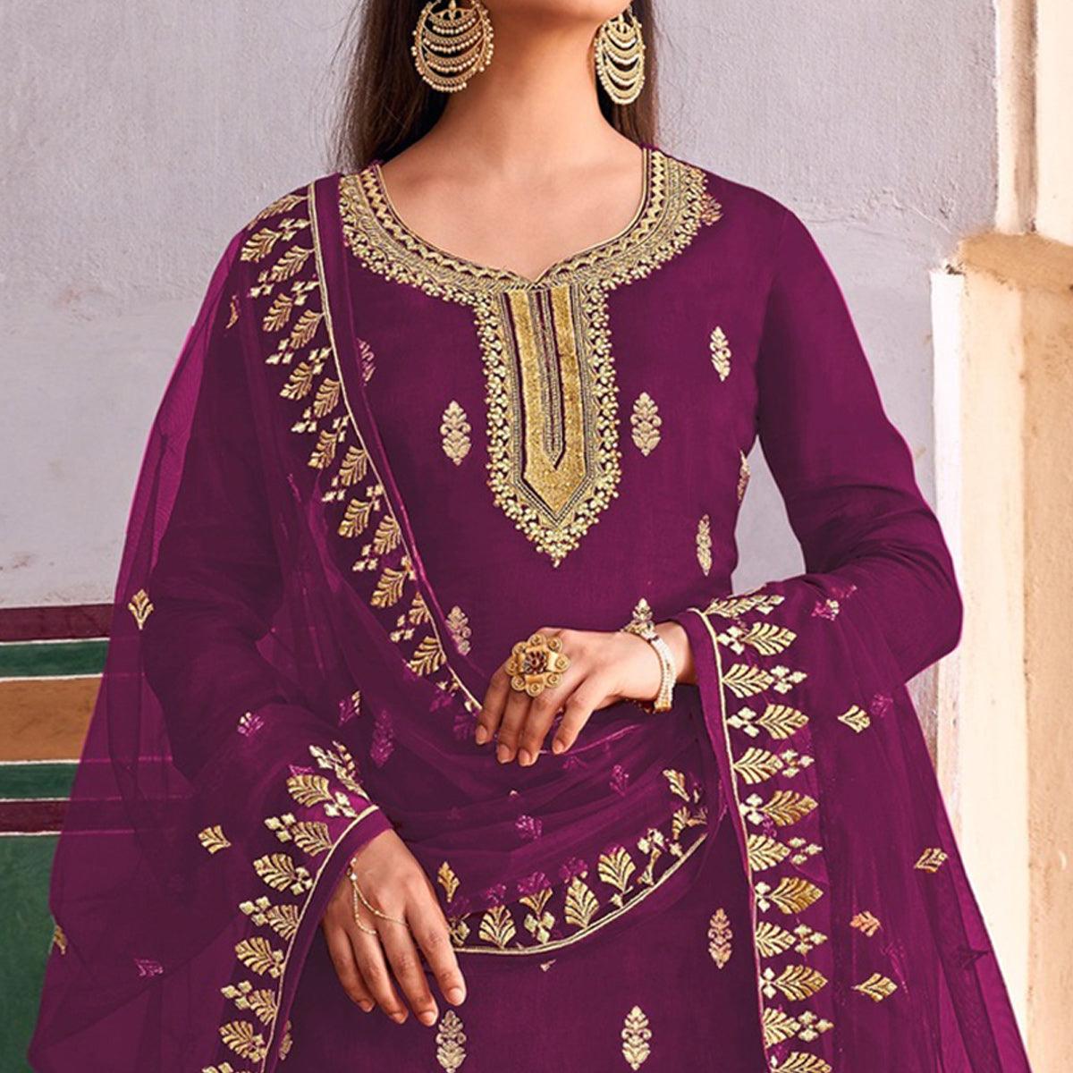 Purple Embroidered Dola Silk Palazzo Suit - Peachmode