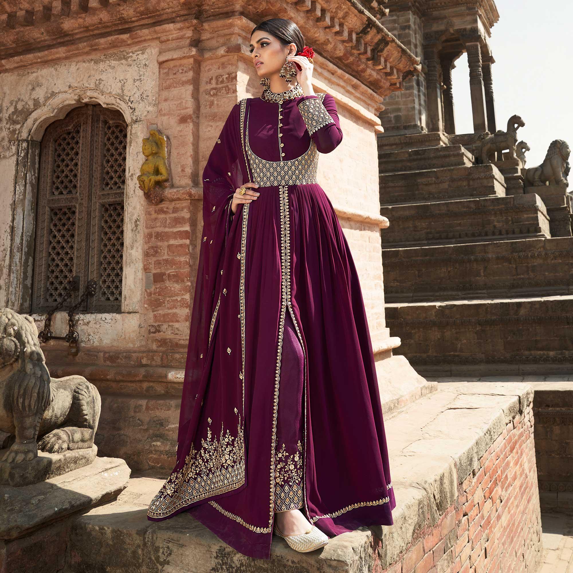 Purple Embroidered Georgette Front Slit Party Wear Suit - Peachmode