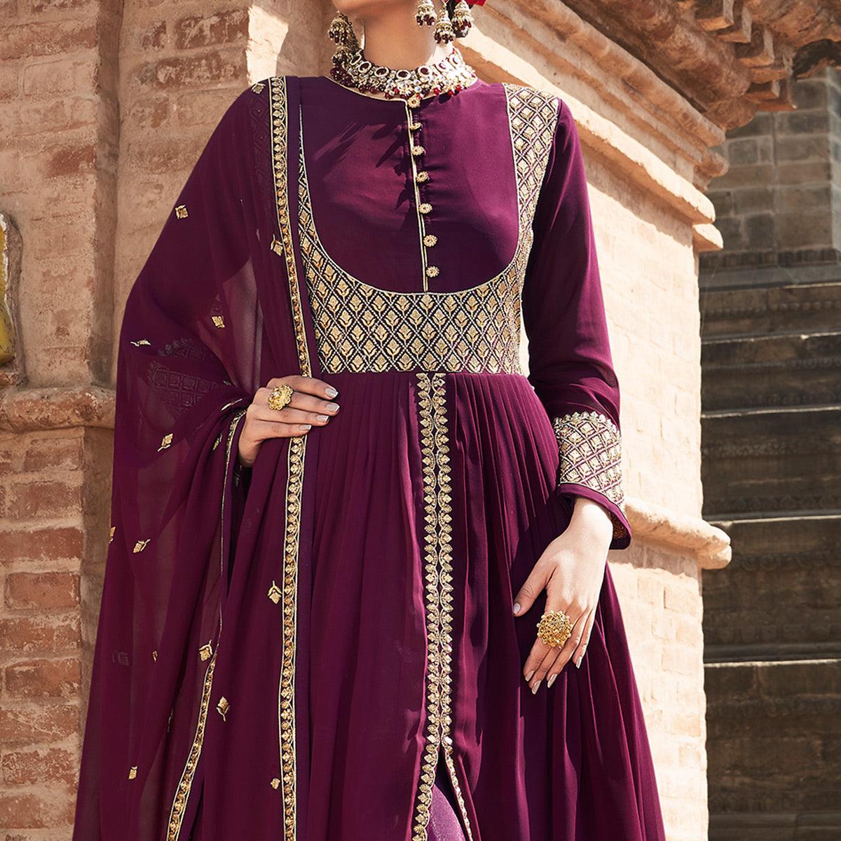 Purple Embroidered Georgette Front Slit Party Wear Suit - Peachmode