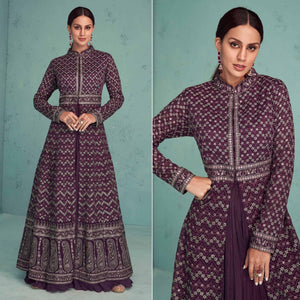 Purple Embroidered Georgette Gown - Peachmode