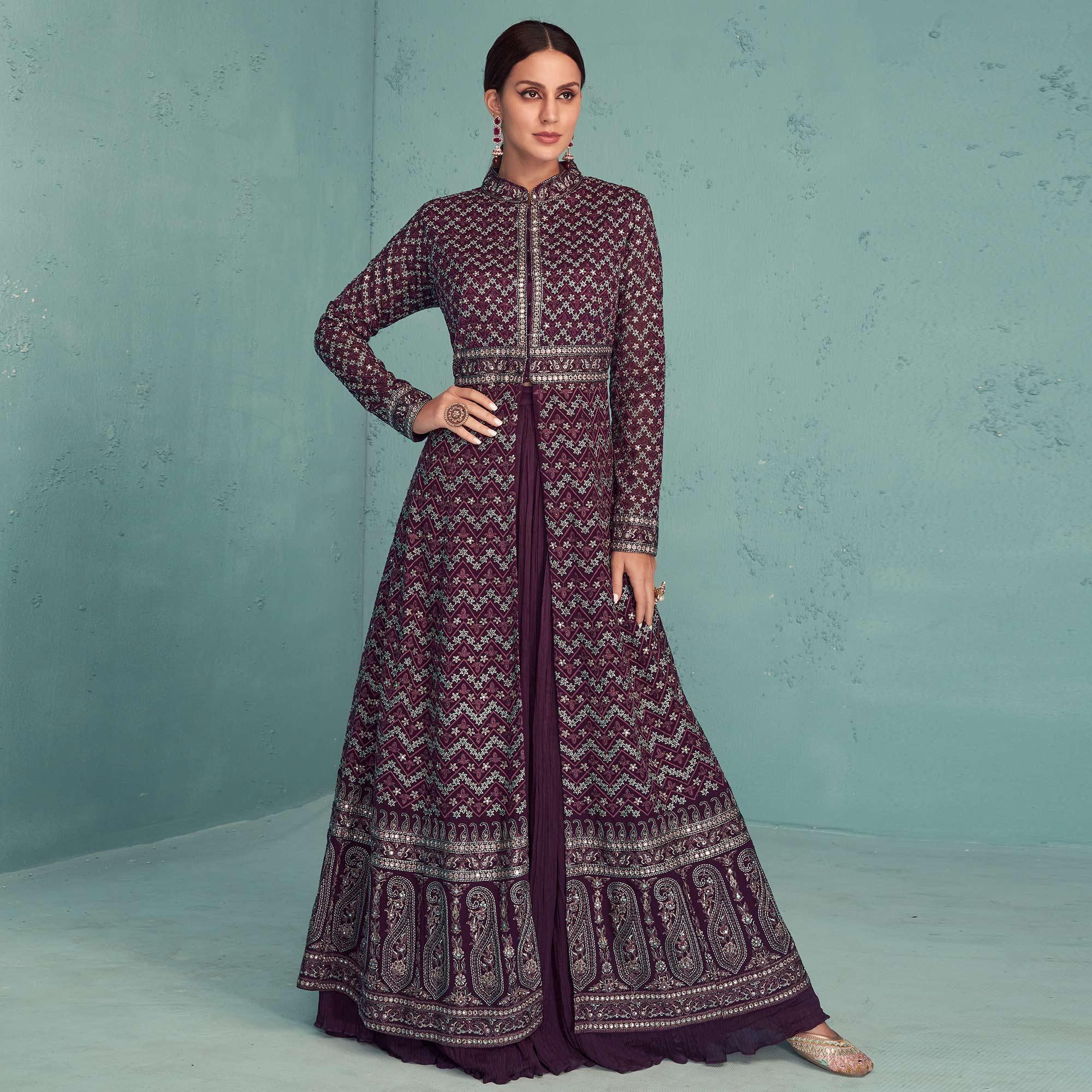 Purple Embroidered Georgette Gown - Peachmode