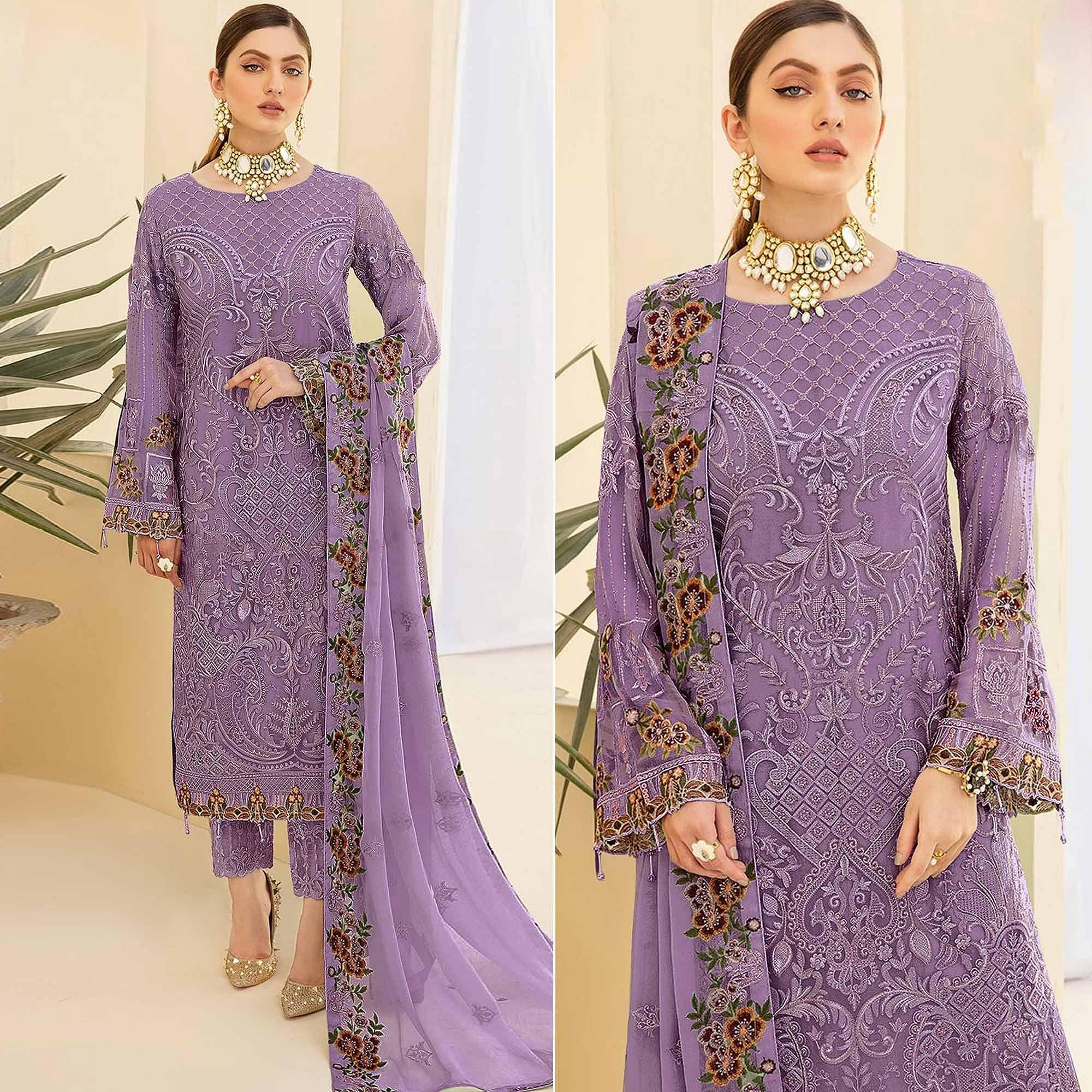 Purple Embroidered Georgette Pakistani Suit - Peachmode