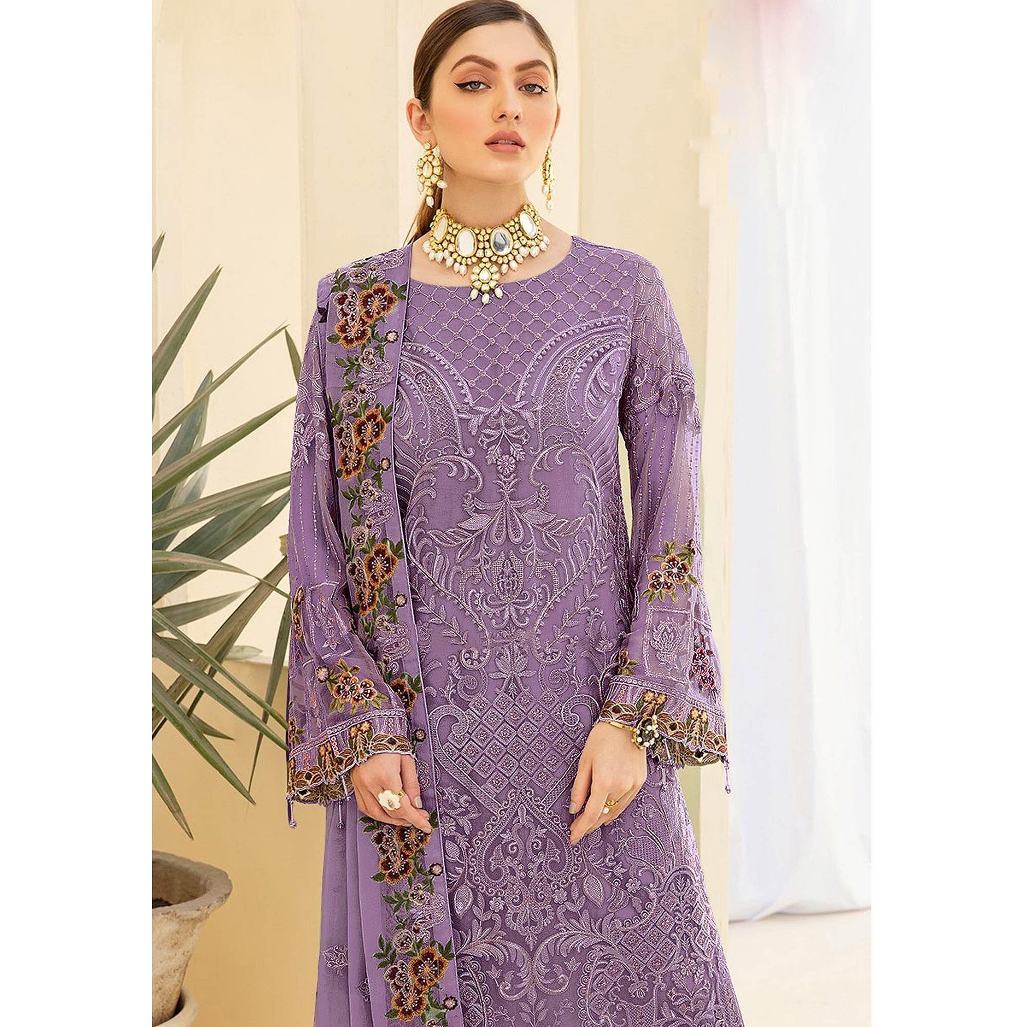 Purple Embroidered Georgette Pakistani Suit - Peachmode