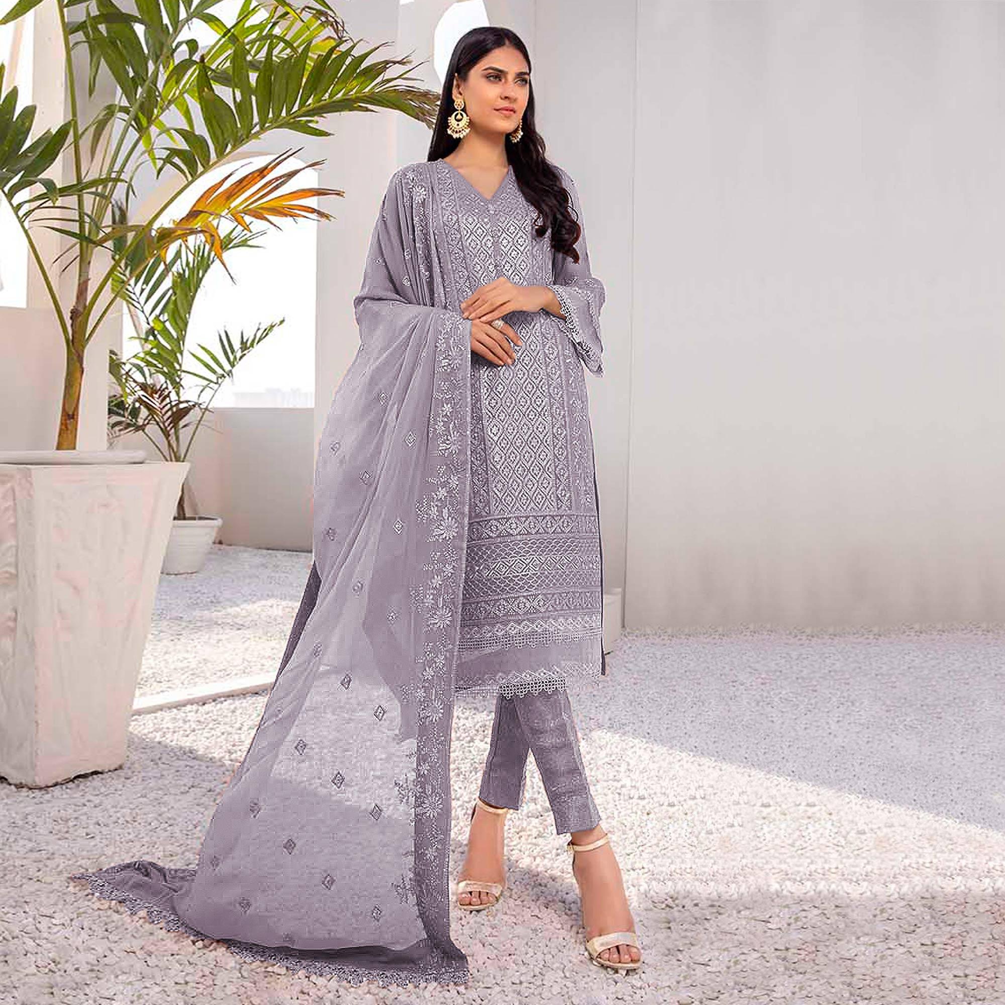 Purple Embroidered Georgette Pakistani Suit - Peachmode