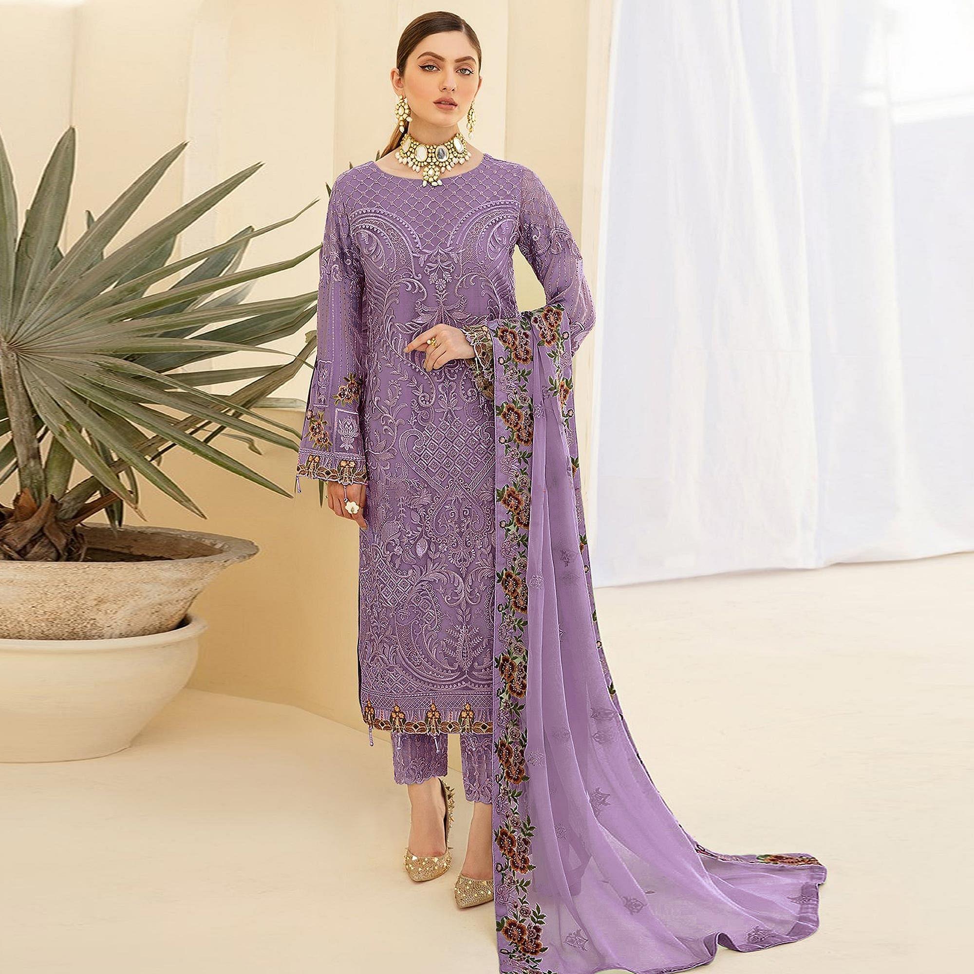 Purple Embroidered Georgette Pakistani Suit - Peachmode