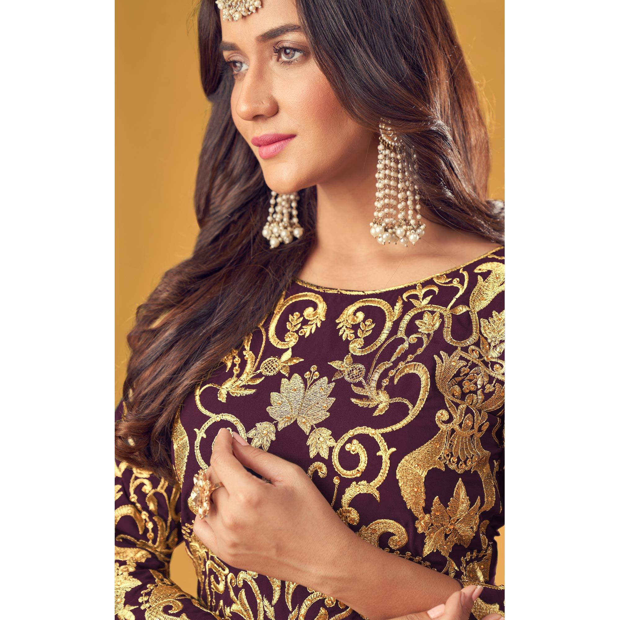 Purple Embroidered Georgette Pakistani Suit - Peachmode