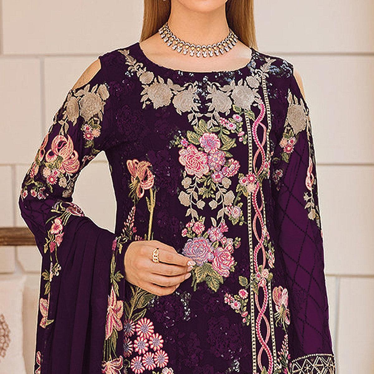Purple Embroidered Georgette Pakistani Suit - Peachmode