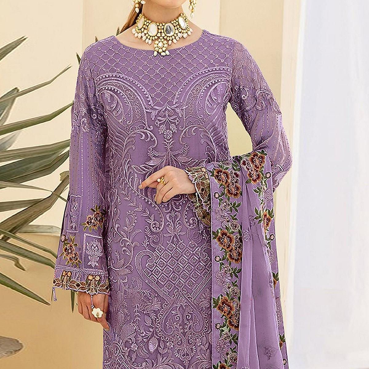 Purple Embroidered Georgette Pakistani Suit - Peachmode