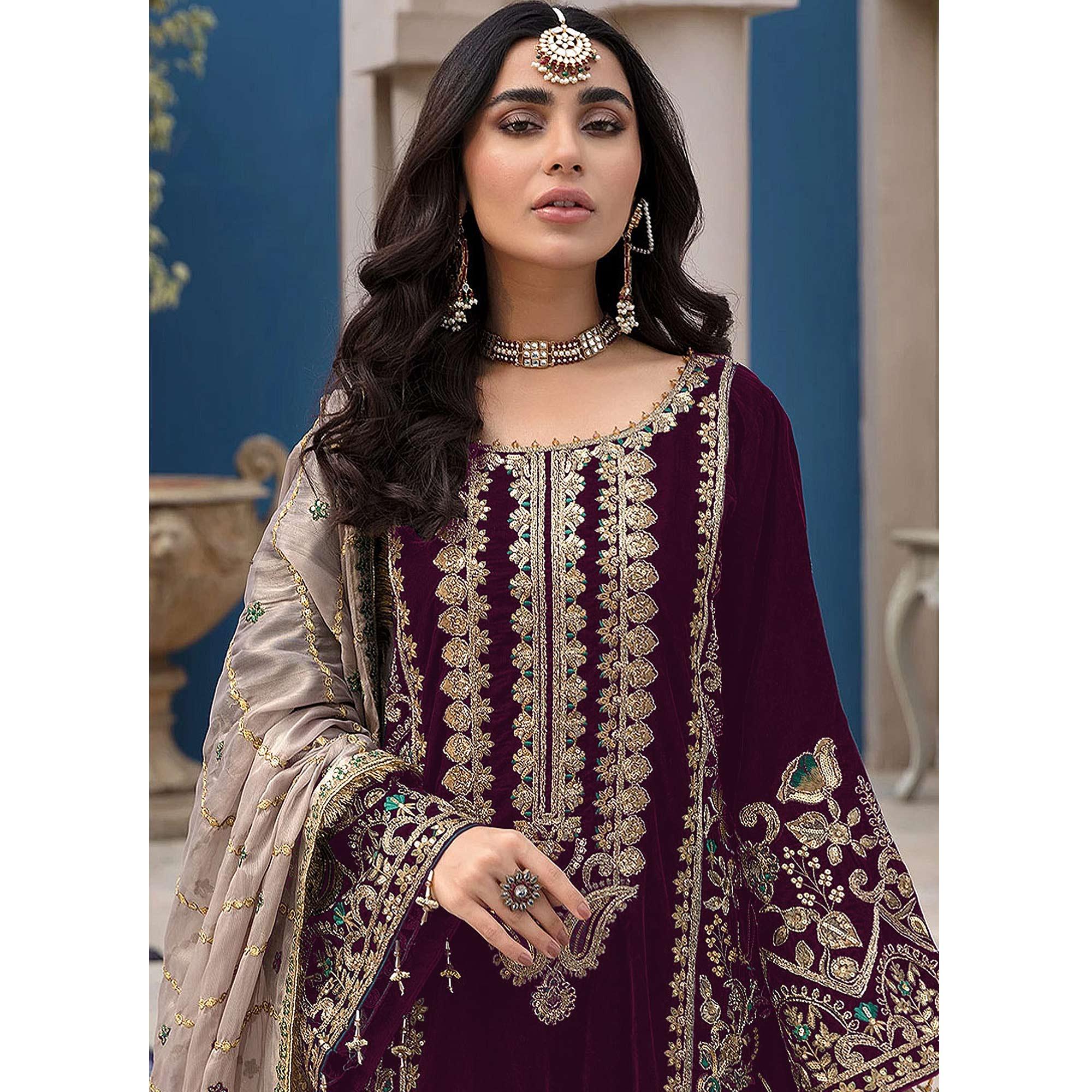 Purple Embroidered Georgette Pakistani Suit - Peachmode