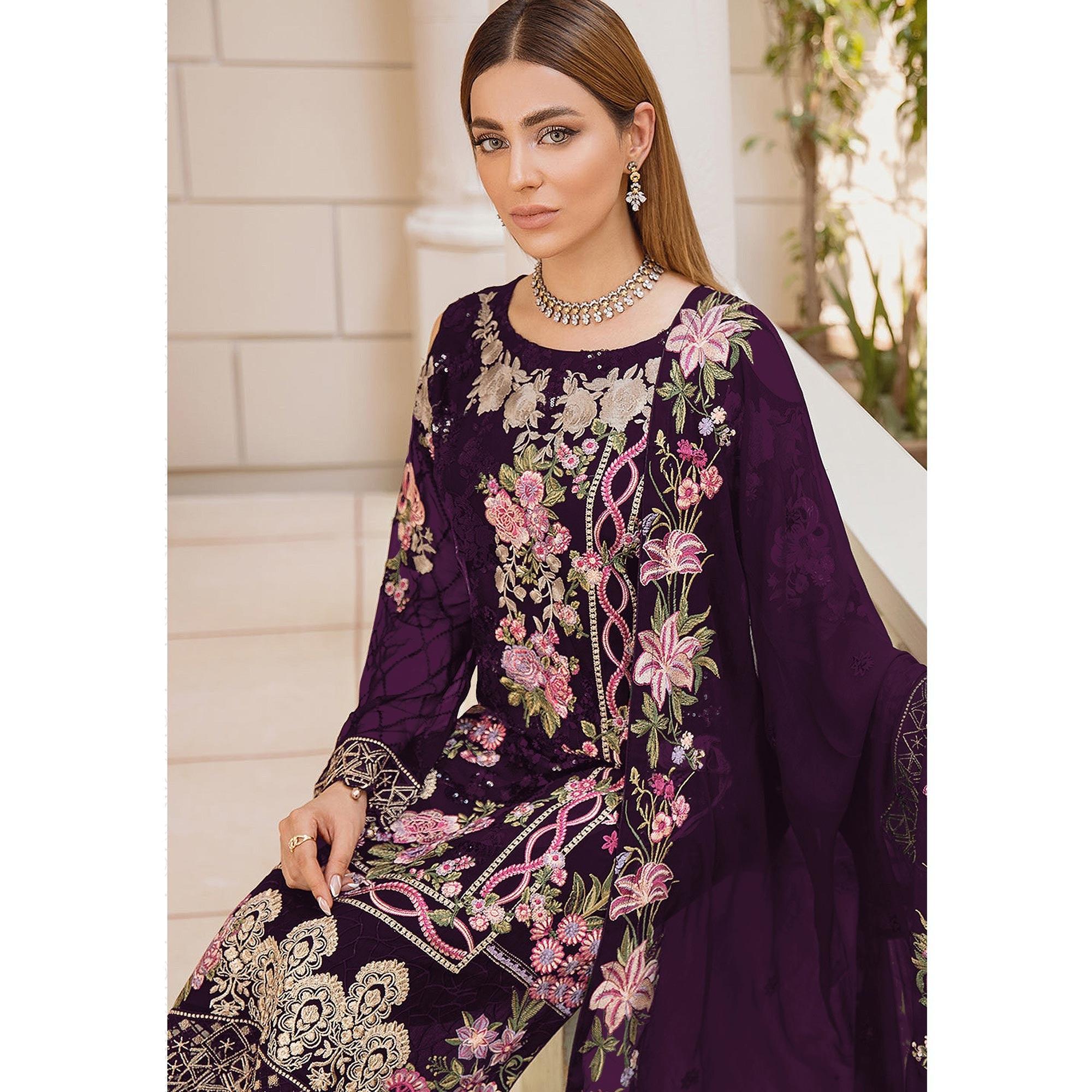 Purple Embroidered Georgette Pakistani Suit - Peachmode