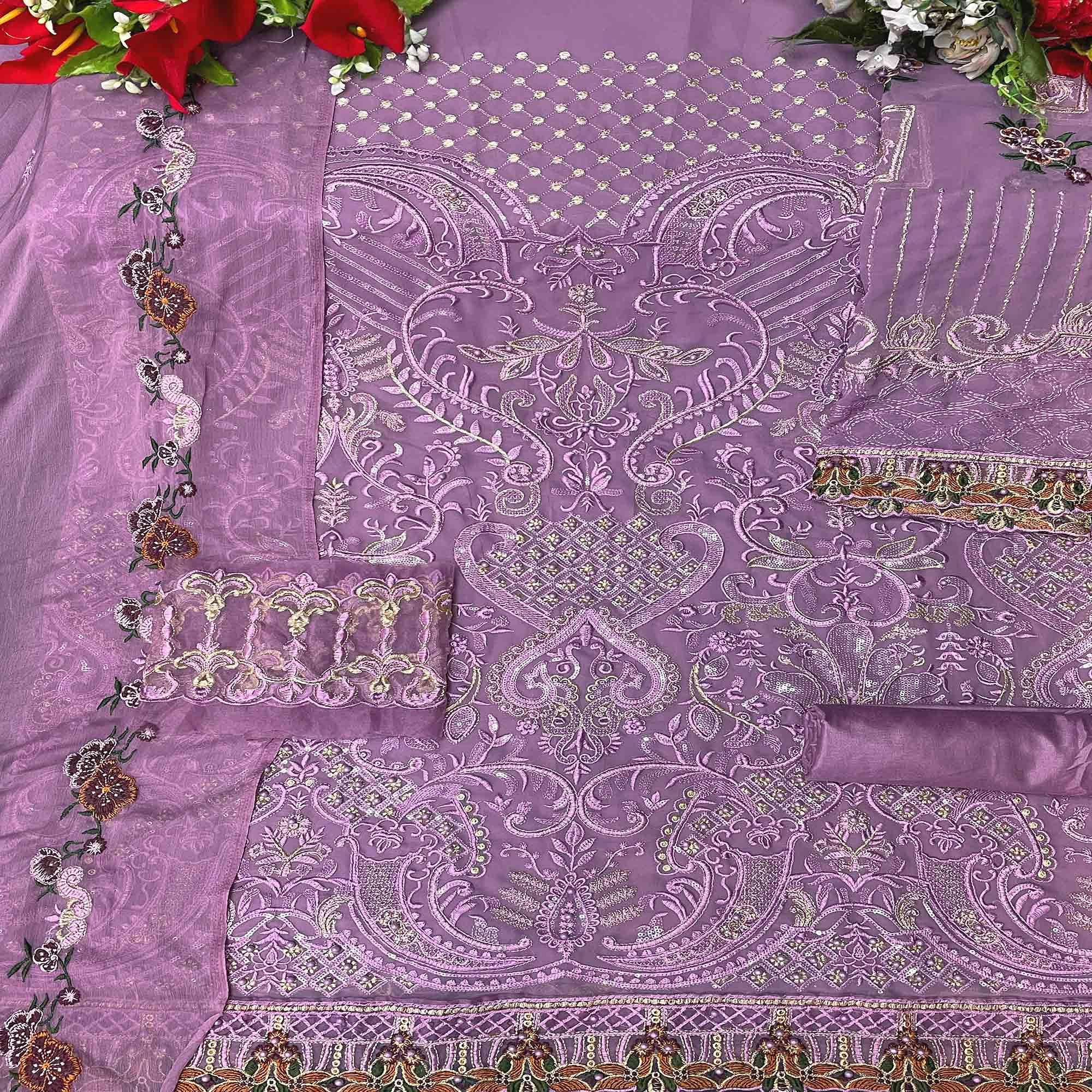 Purple Embroidered Georgette Pakistani Suit - Peachmode